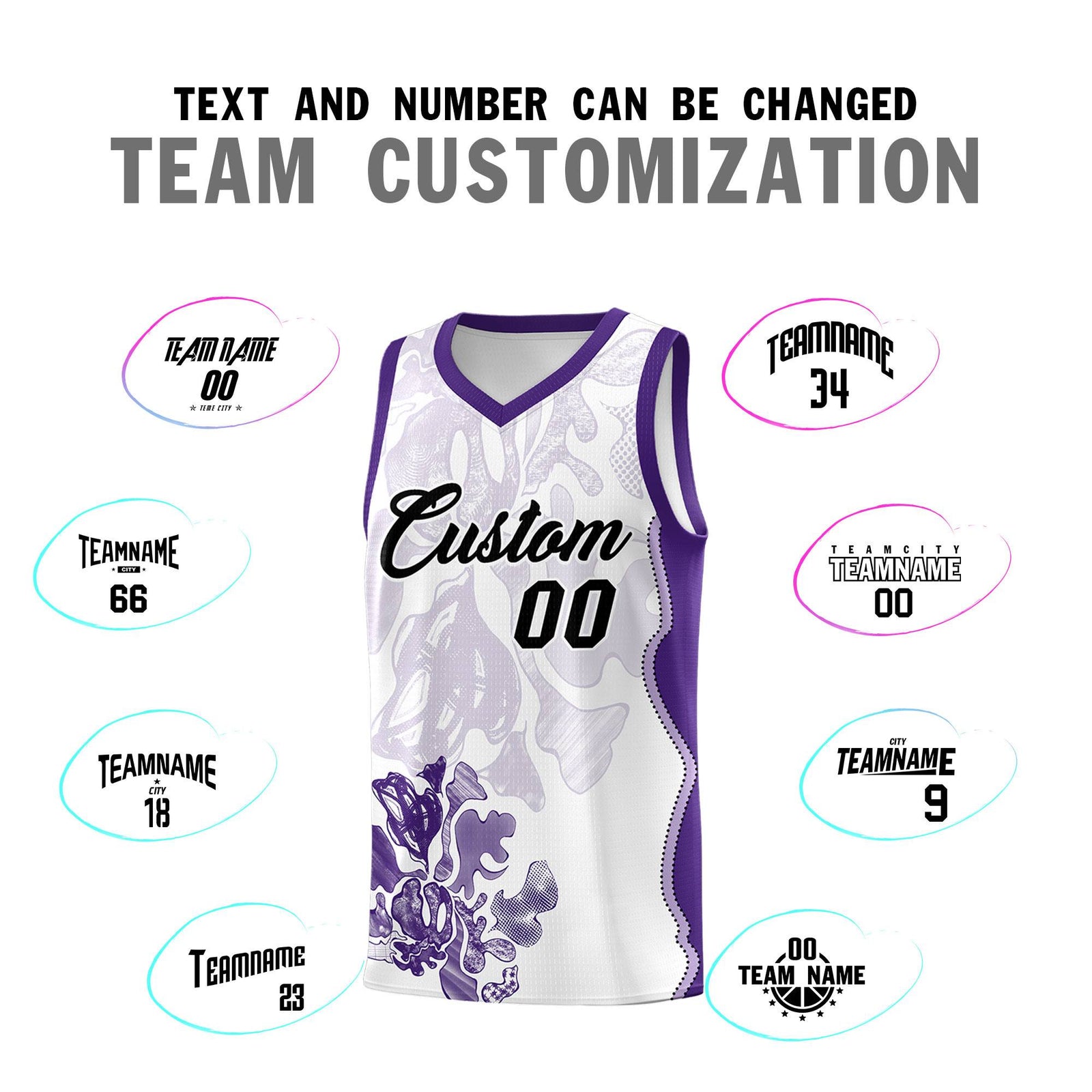 Custom White Purple Basketball Jersey - Illusion Flower Graffiti Moisture-wicking Fabric