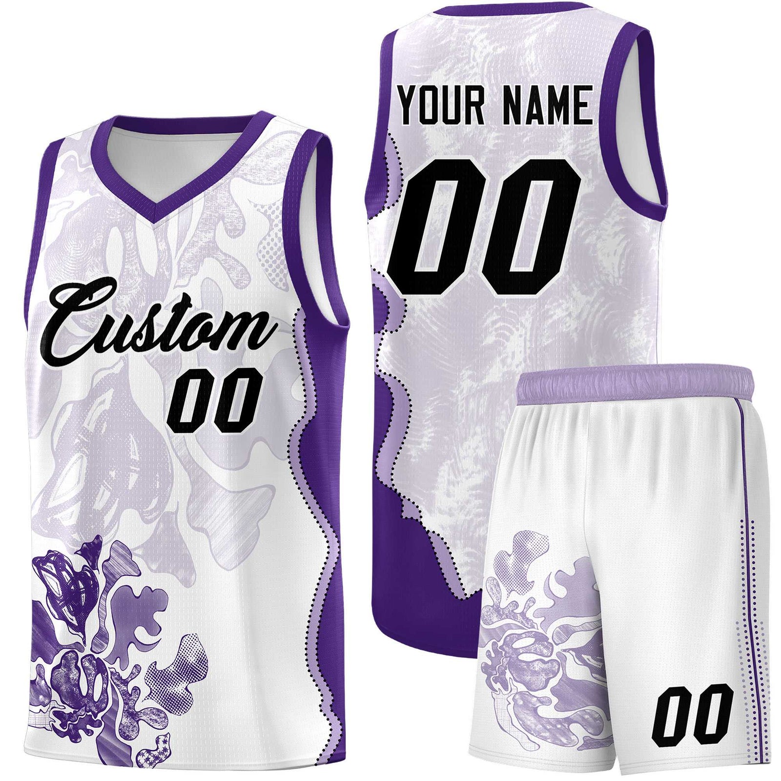 Custom White Purple Basketball Jersey - Illusion Flower Graffiti Moisture-wicking Fabric