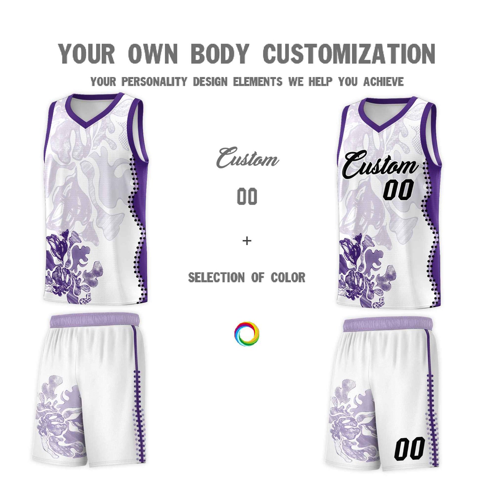 Custom White Purple Basketball Jersey - Illusion Flower Graffiti Moisture-wicking Fabric
