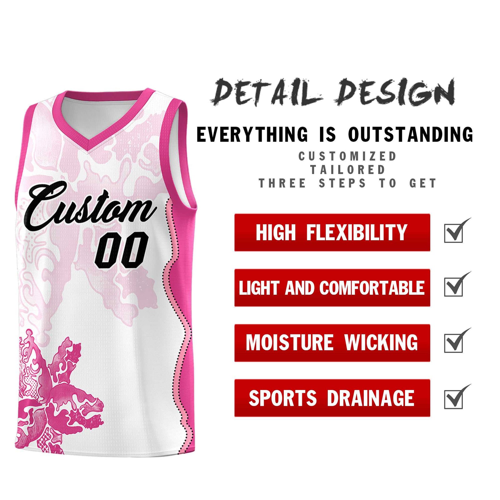 Custom White Pink Basketball Jersey - Illusion Flower Graffiti Breathable mesh Fabric