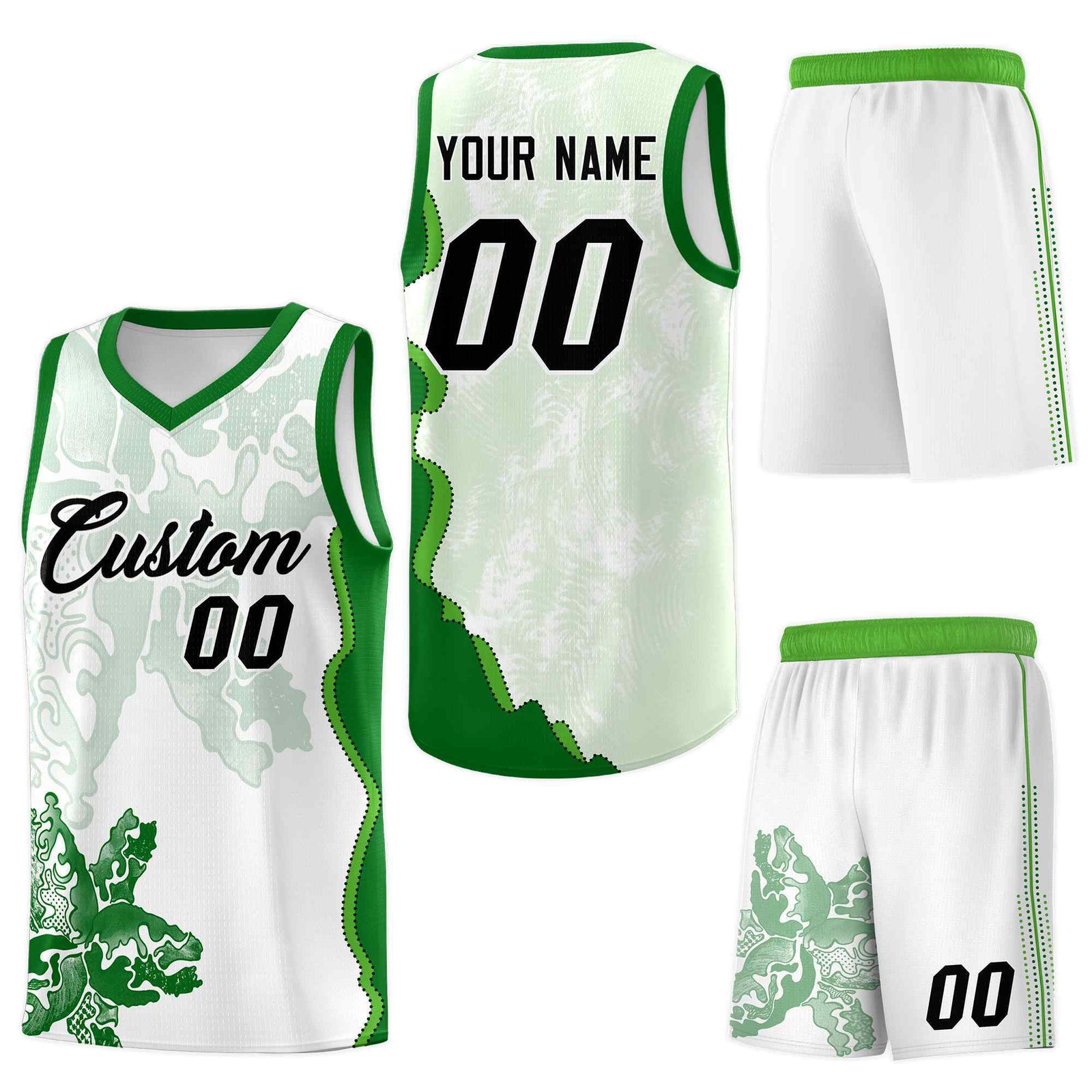 Custom White Kelly Green Basketball Jersey - Illusion Flower Graffiti Lightweight