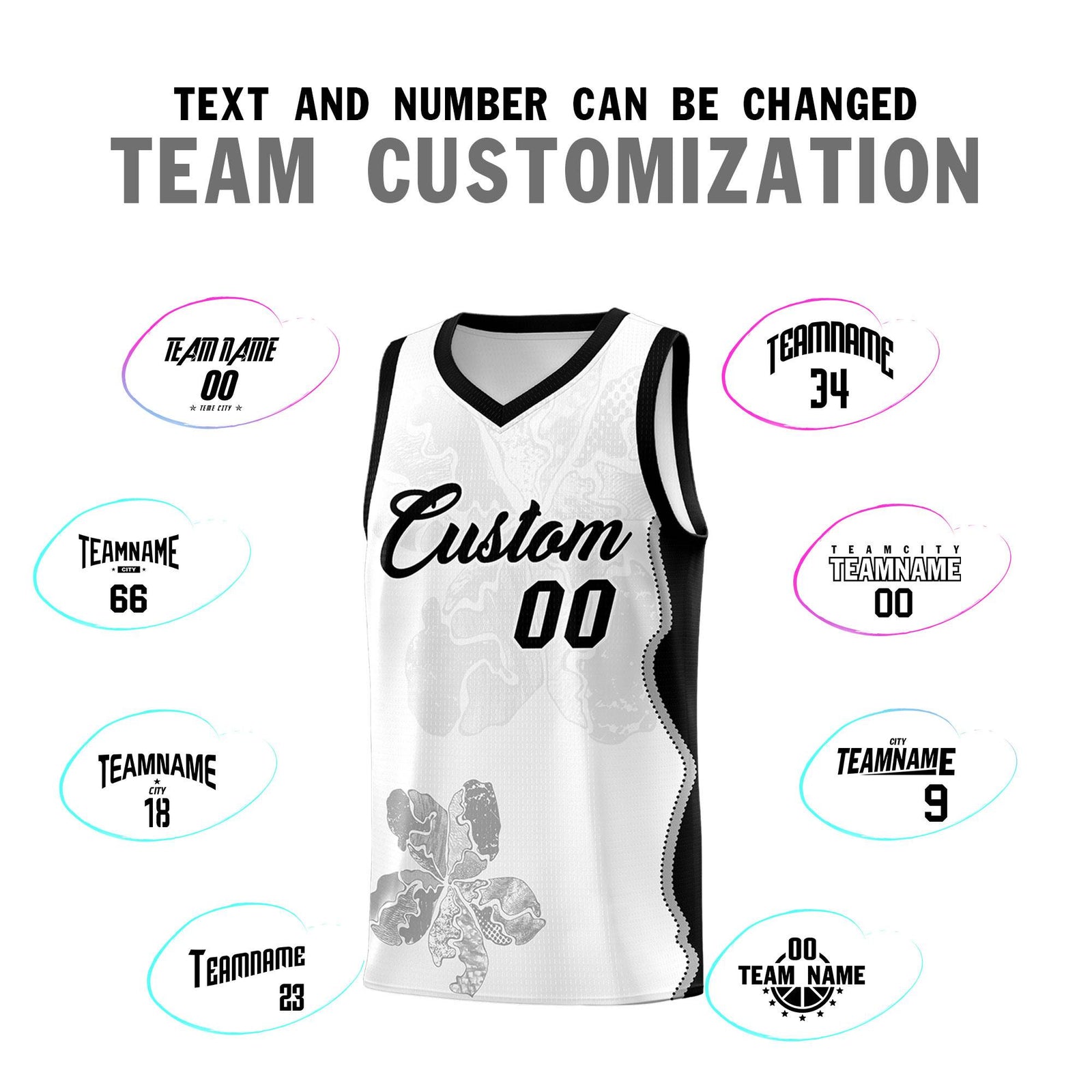 Custom White Black Basketball Jersey - Illusion Flower Graffiti Stylish Fabric