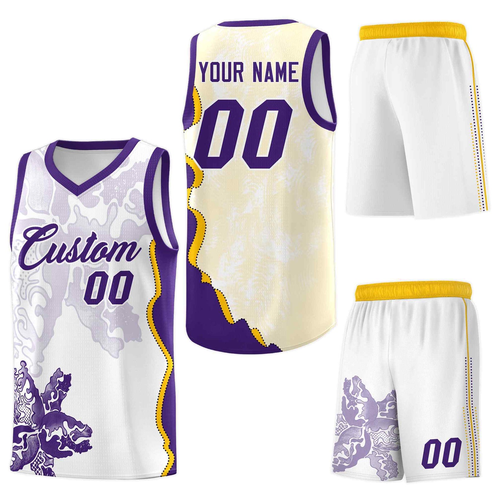 Custom White Purple Basketball Jersey - Illusion Flower Graffiti Wrinkle-Resistant