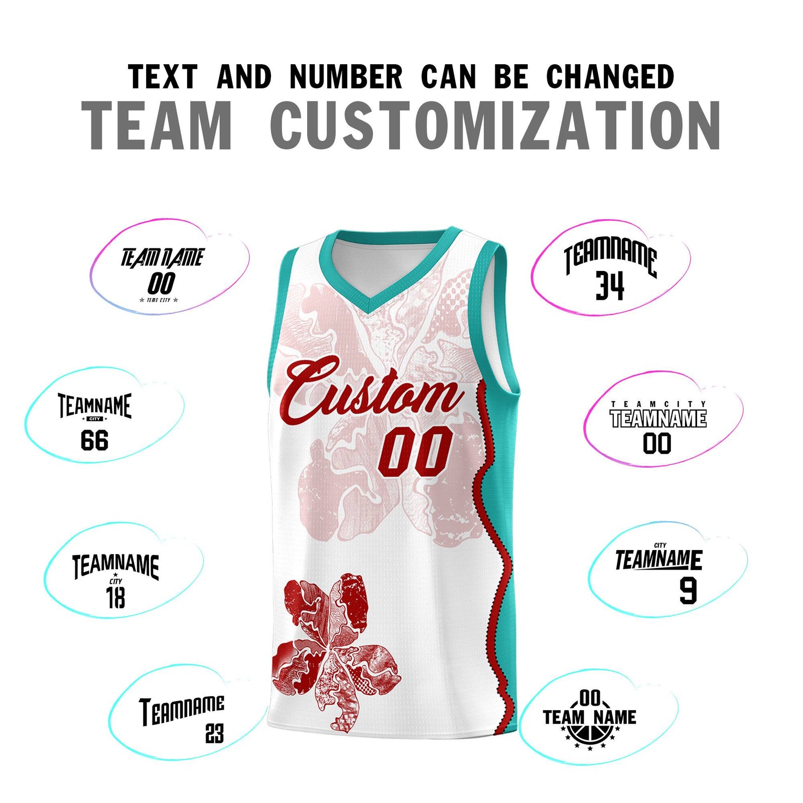 Custom White Aqua Basketball Jersey - Illusion Flower Graffiti Breathable mesh Fabric
