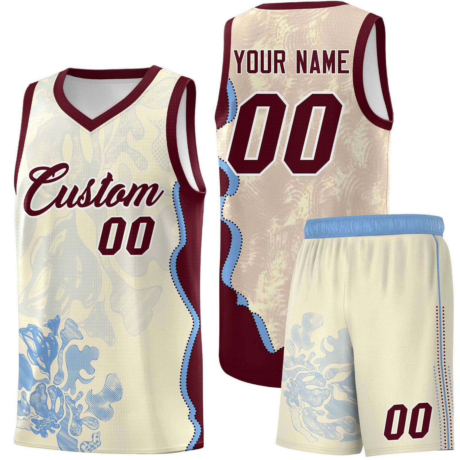 Custom Cream Burgundy Basketball Jersey - Illusion Flower Graffiti Lightweight Fabric