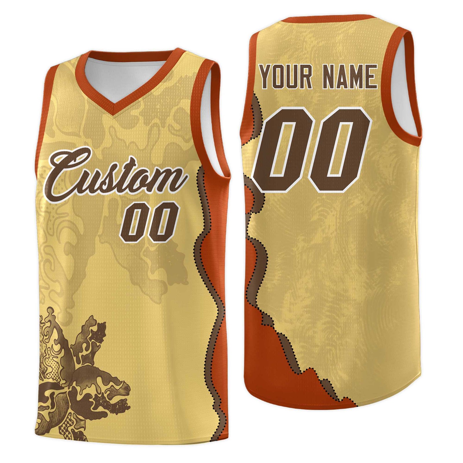 Custom Khaki Dark Orange Basketball Jersey - Illusion Flower Graffiti Unique Fabric
