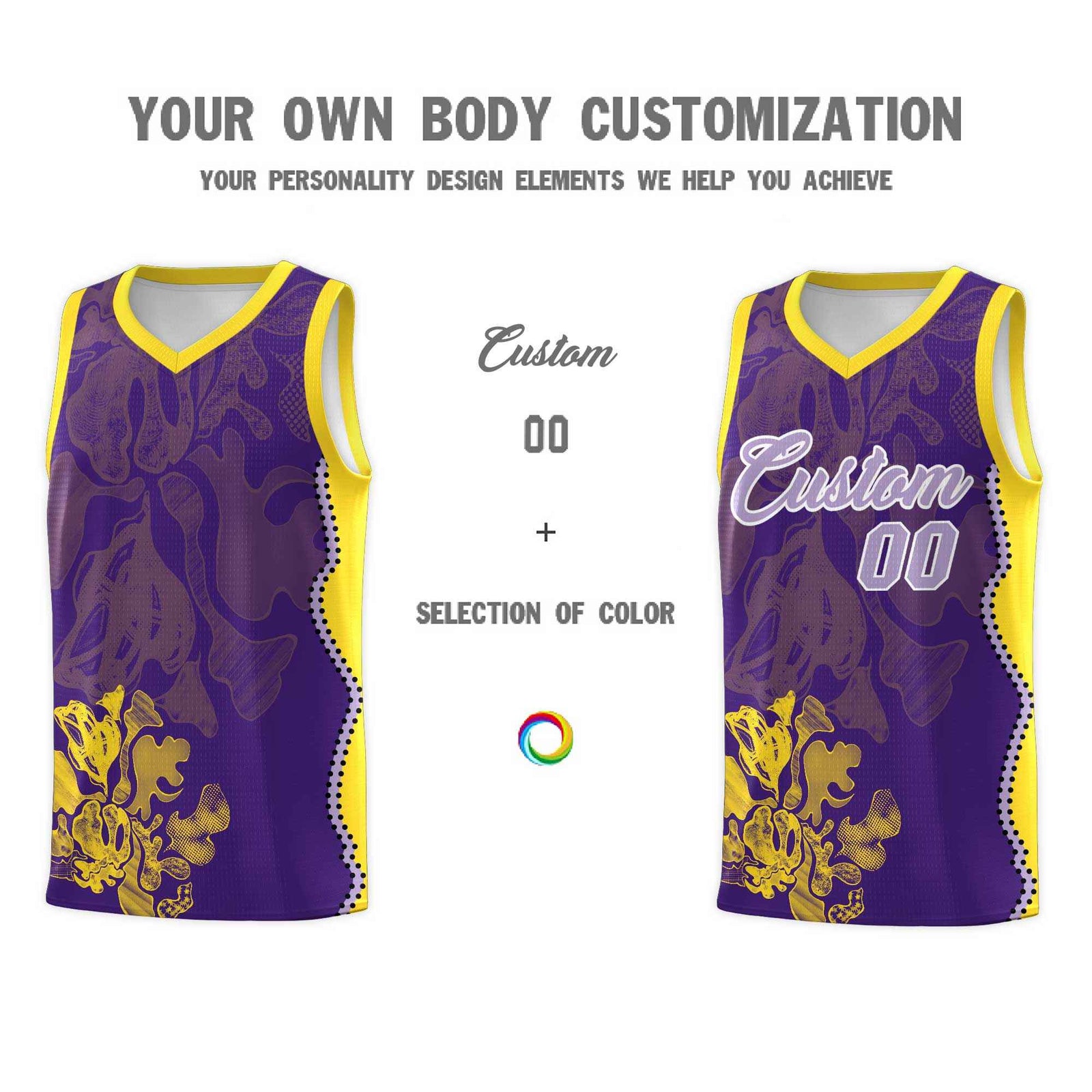 Custom Purple Gold Basketball Jersey - Illusion Flower Graffiti Breathable mesh Fabric