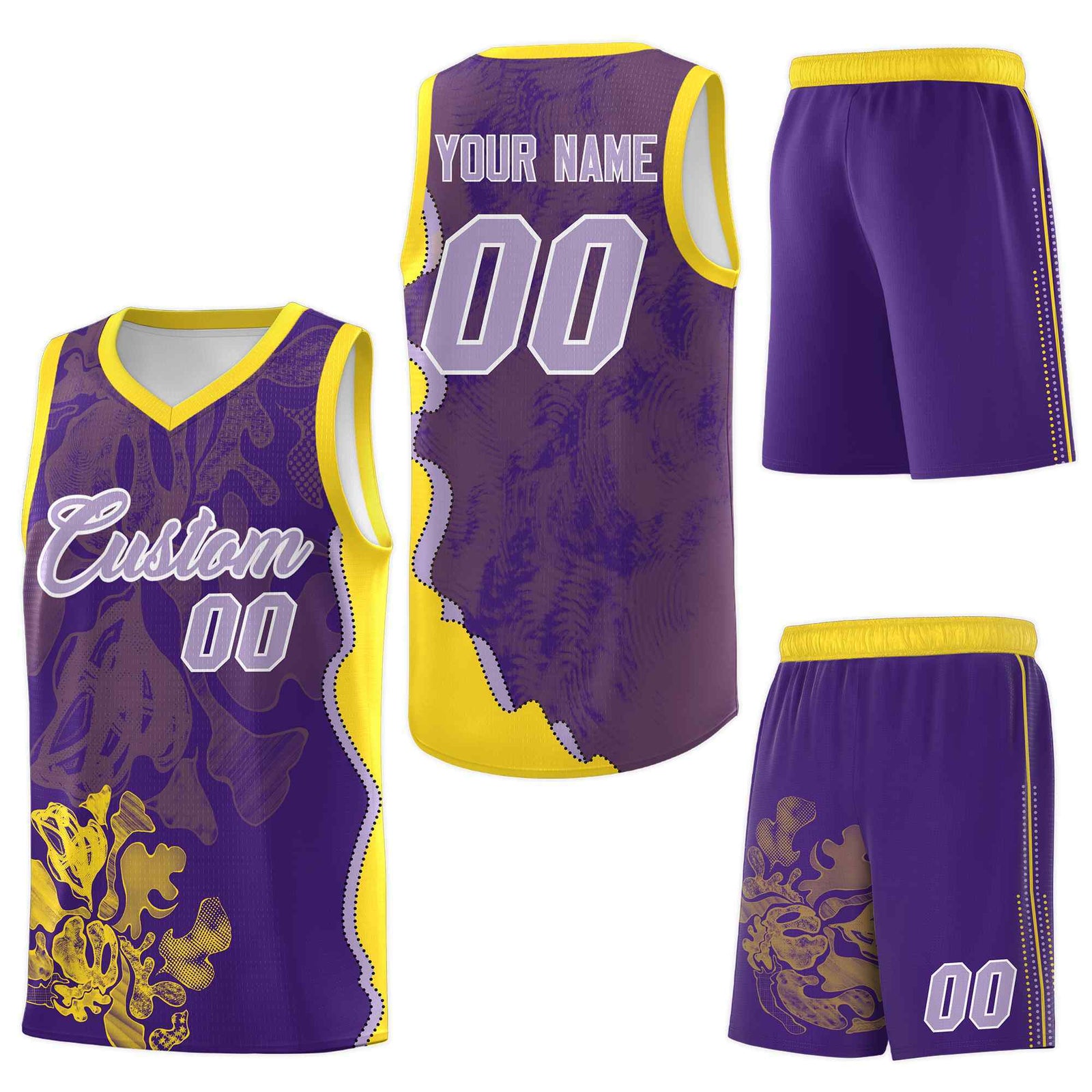Custom Purple Gold Basketball Jersey - Illusion Flower Graffiti Quick-Drying