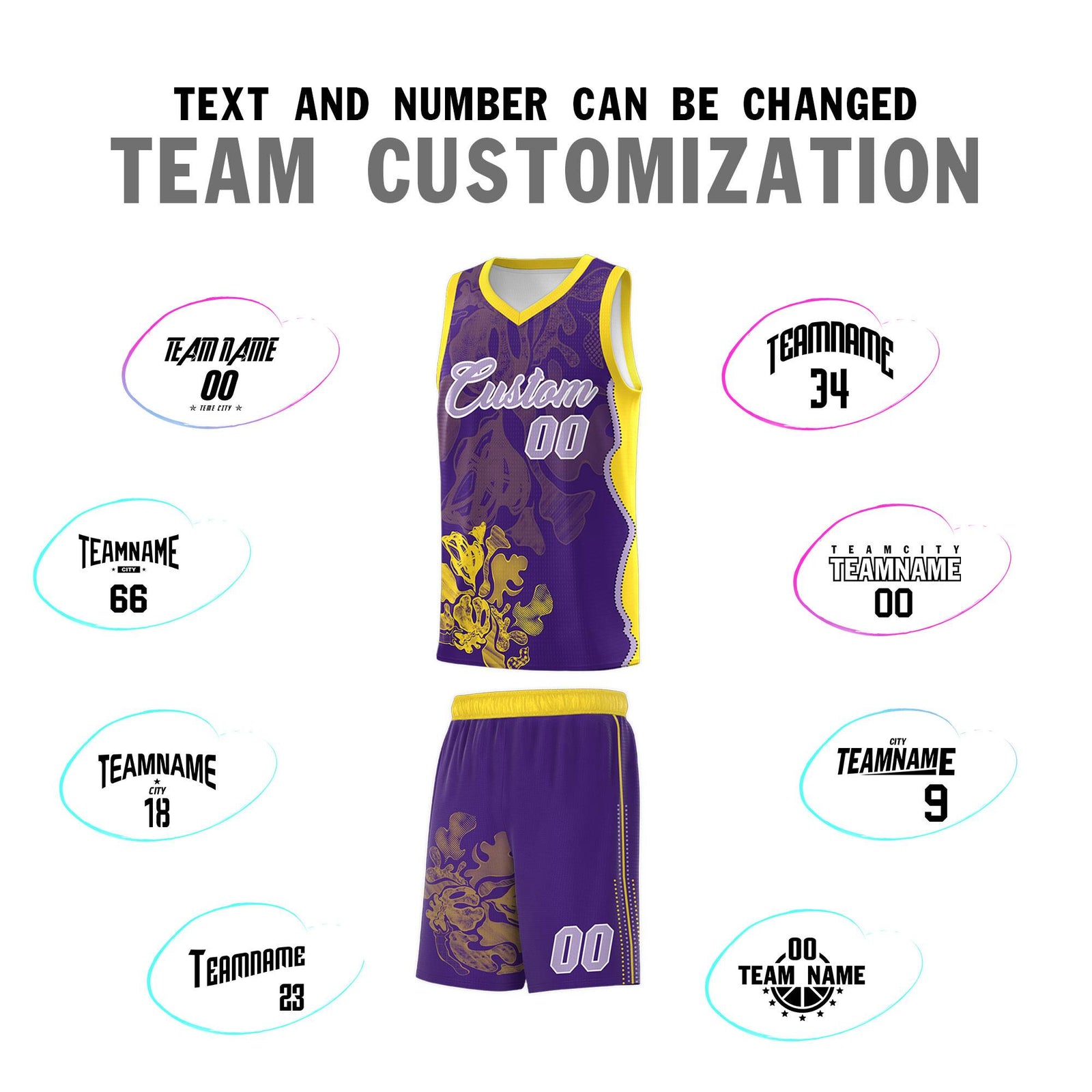 Custom Purple Gold Basketball Jersey - Illusion Flower Graffiti Breathable mesh Fabric
