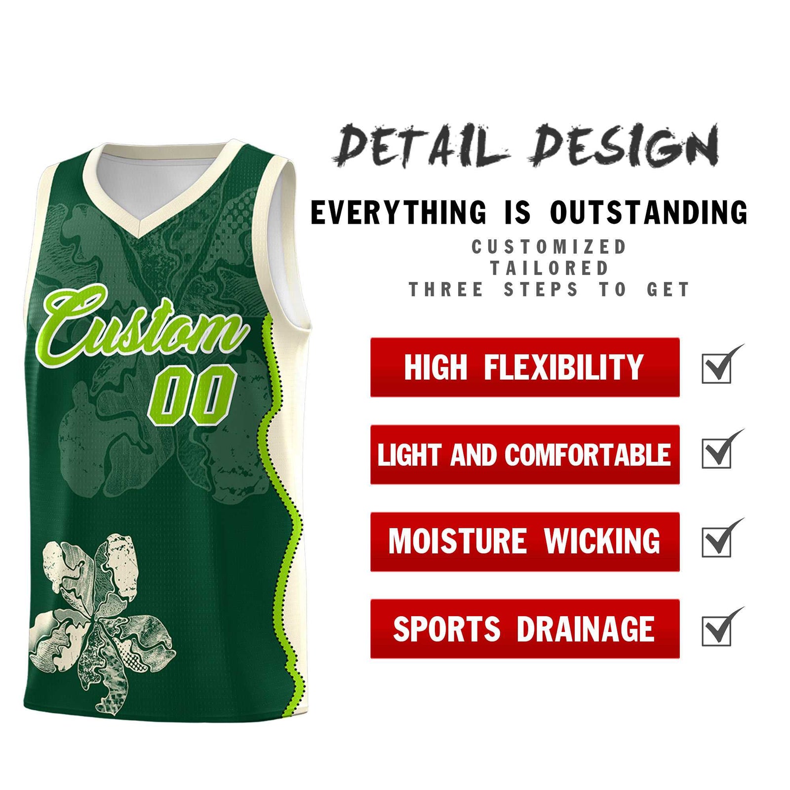 Custom Green Cream Basketball Jersey - Illusion Flower Graffiti Breathable Fabric
