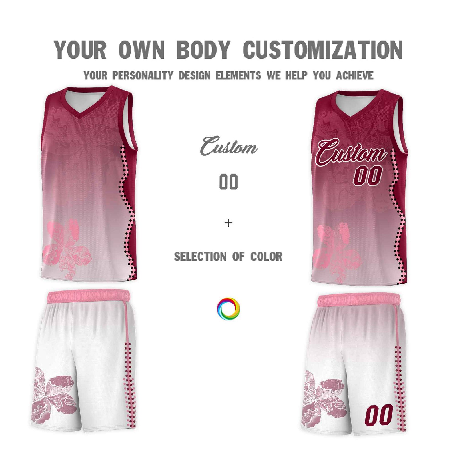 Custom White Crimson Basketball Jersey - Illusion Flower Gradient Stretchy Fabric