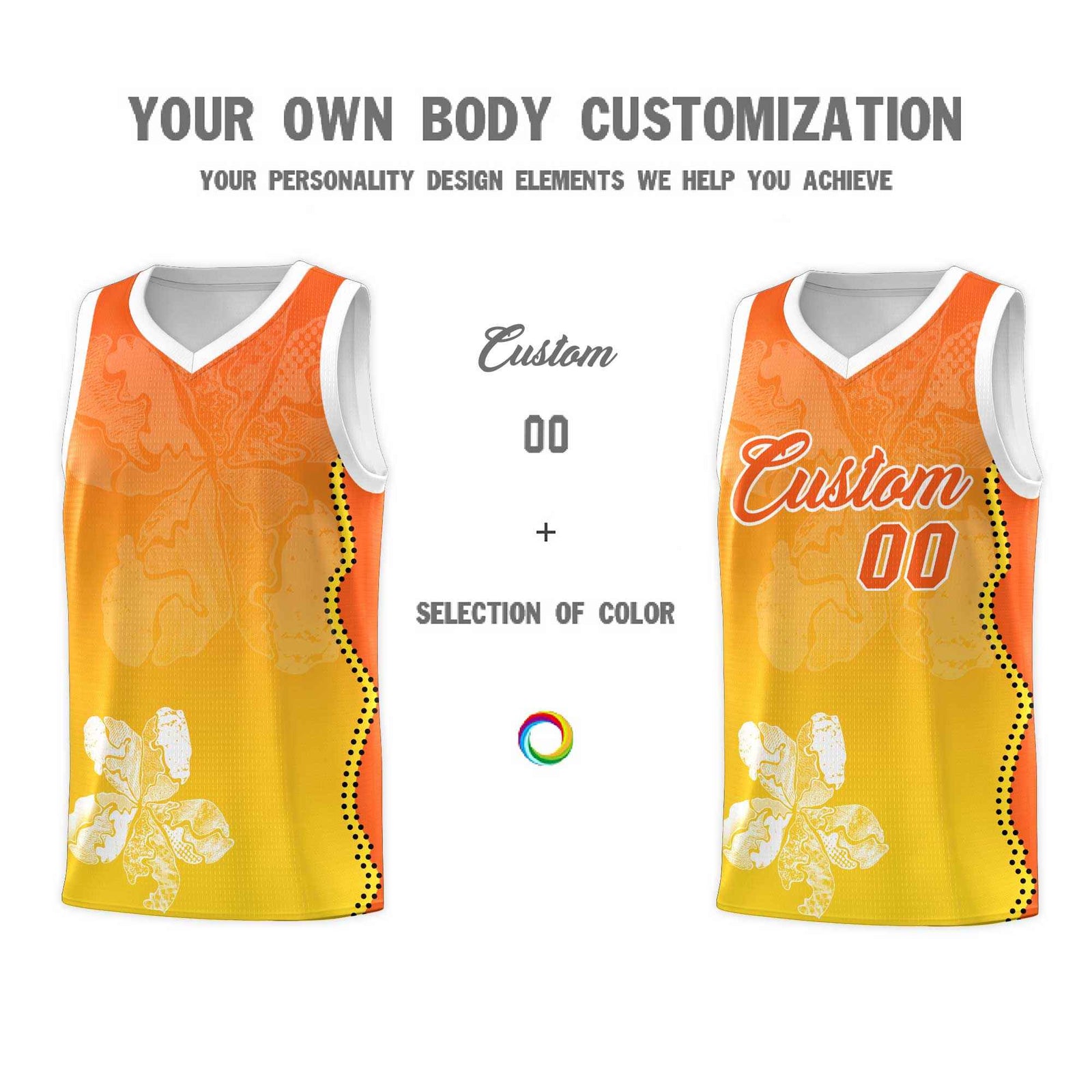 Custom Gold Orange Basketball Jersey - Illusion Flower Gradient Unique Fabric