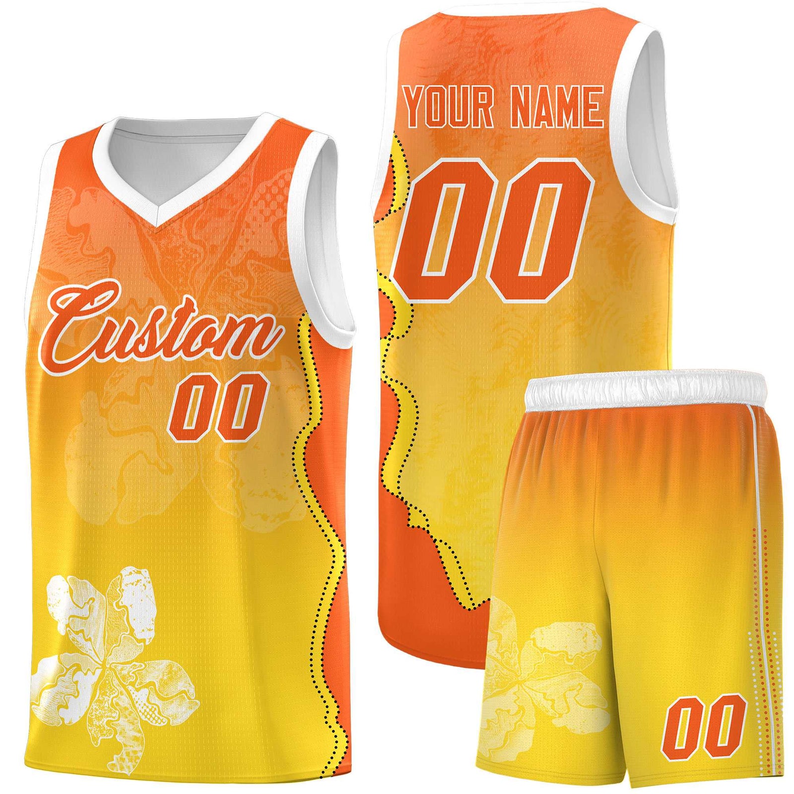 Custom Gold Orange Basketball Jersey - Illusion Flower Gradient Unique Fabric
