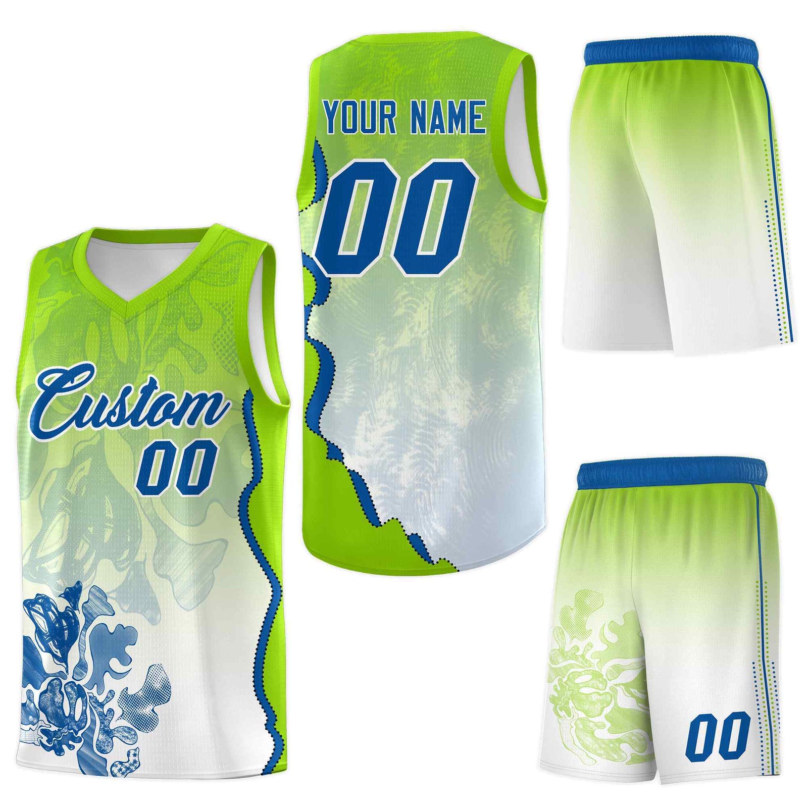 Custom Neon Green Royal Basketball Jersey - Illusion Flower Gradient Drapable