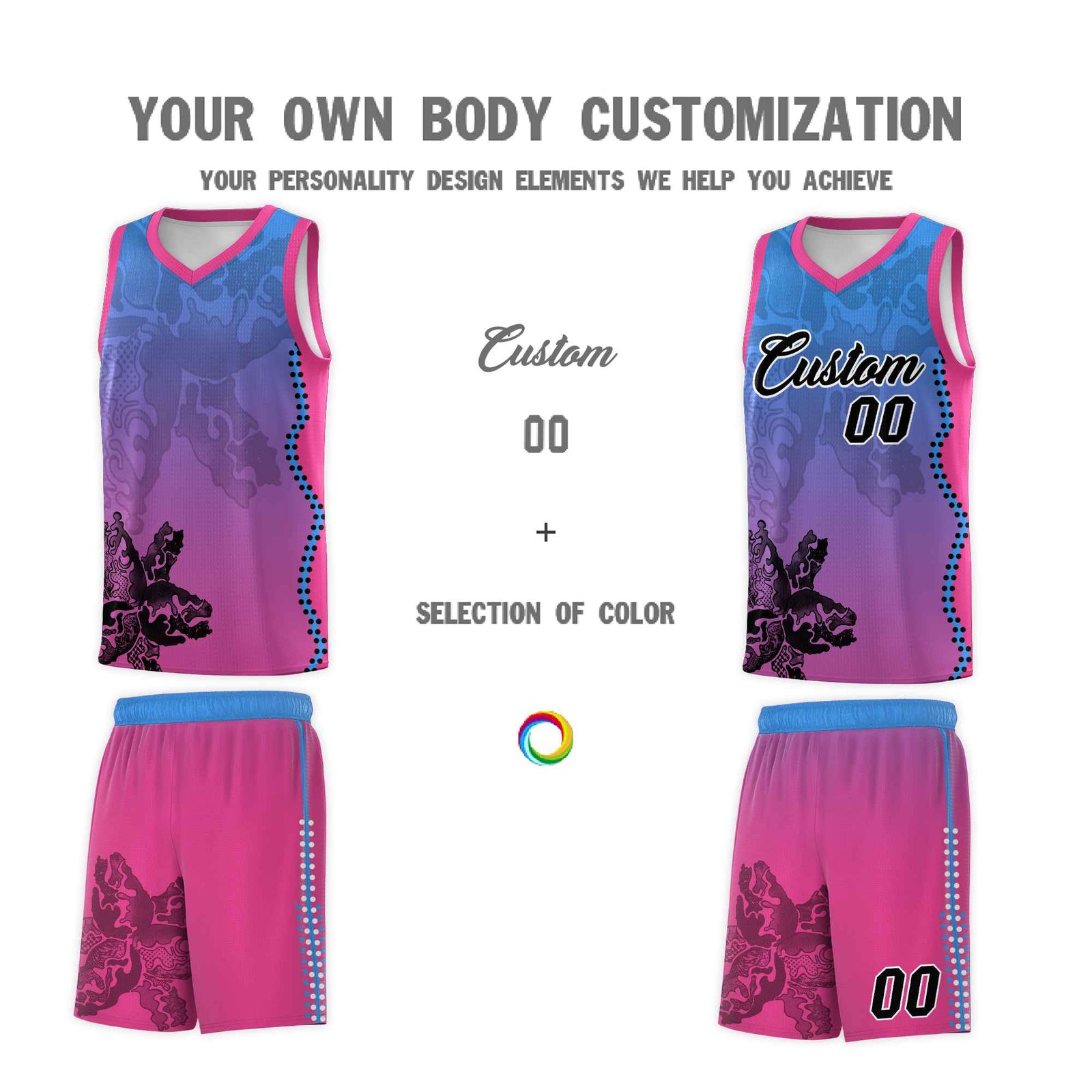 Custom Pink Light Blue Basketball Jersey - Illusion Flower Gradient Breathable mesh Fabric
