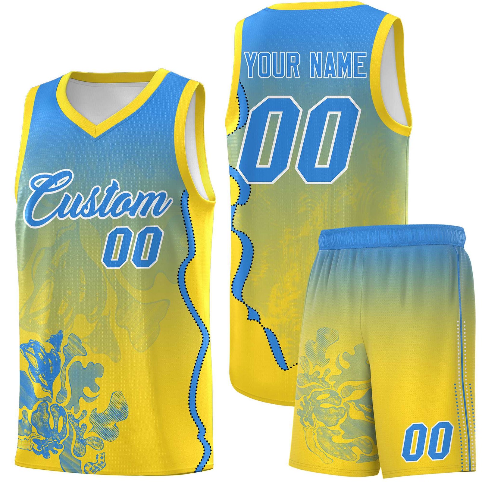 Custom Gold Light Blue Basketball Jersey - Illusion Flower Gradient Breathable Fabric