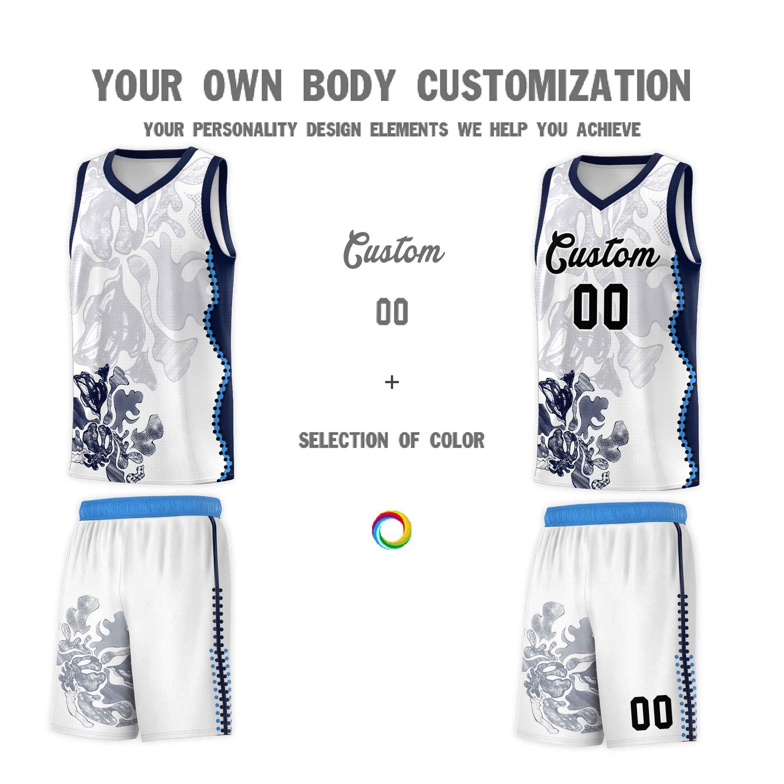 Custom White Navy Basketball Jersey - Illusion Flower Graffiti Breathable Fabric