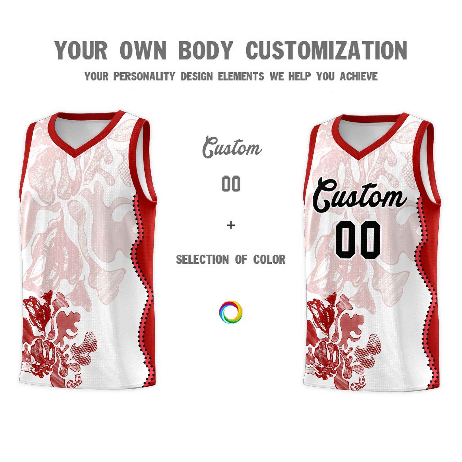 Custom White Red Basketball Jersey - Illusion Flower Graffiti Stretchy Fabric