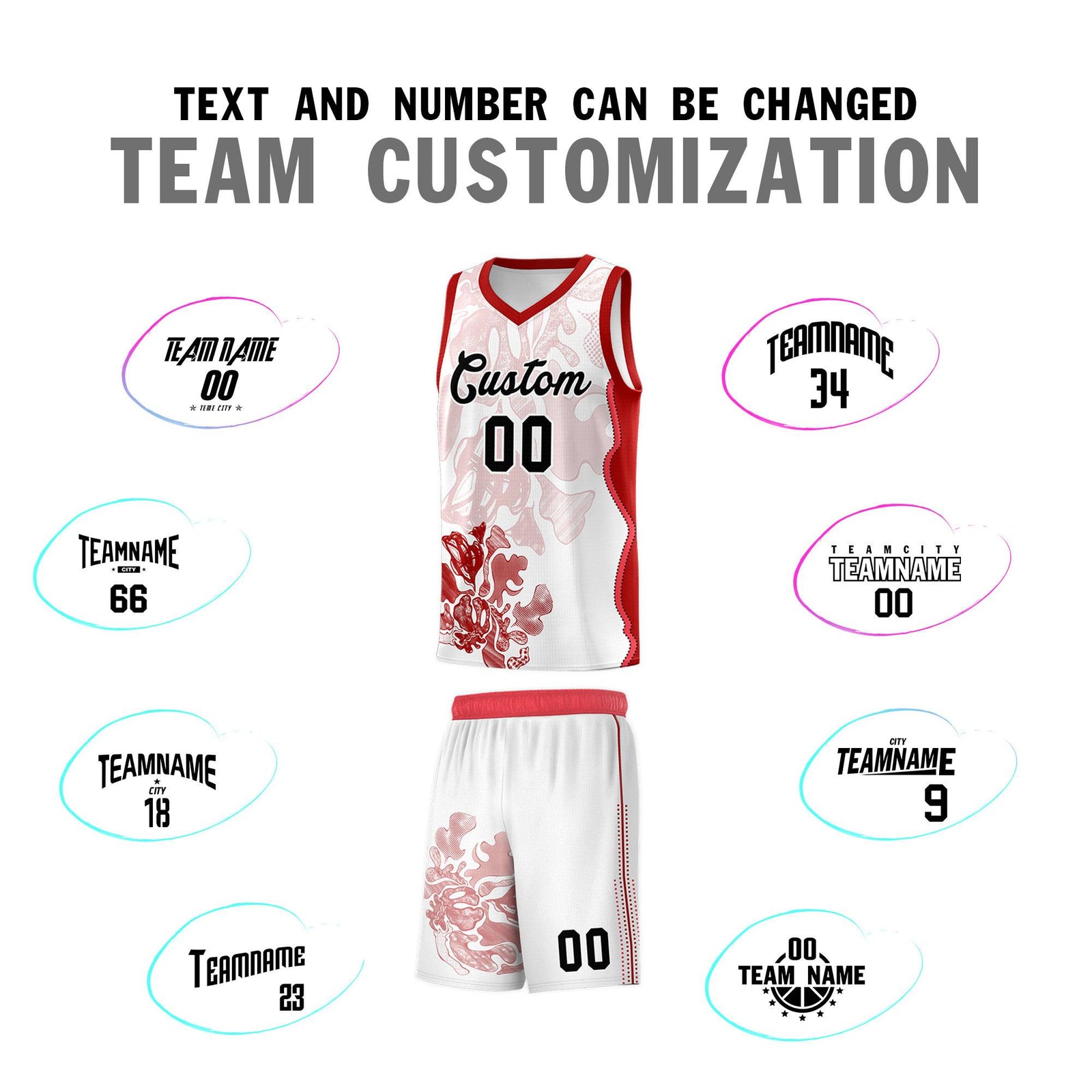 Custom White Red Basketball Jersey - Illusion Flower Graffiti Stretchy Fabric