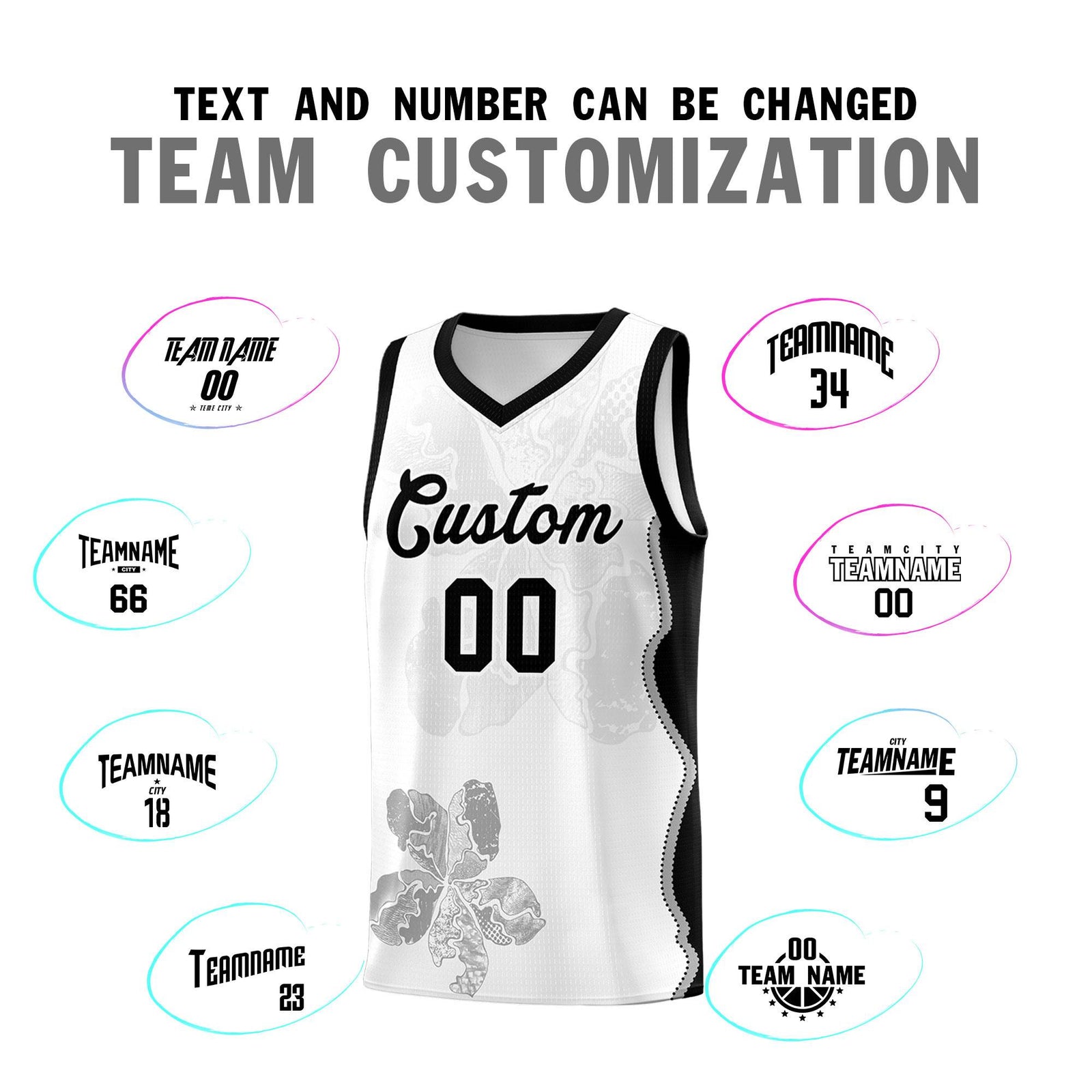 Custom White Black Basketball Jersey - Illusion Flower Graffiti Stylish Fabric
