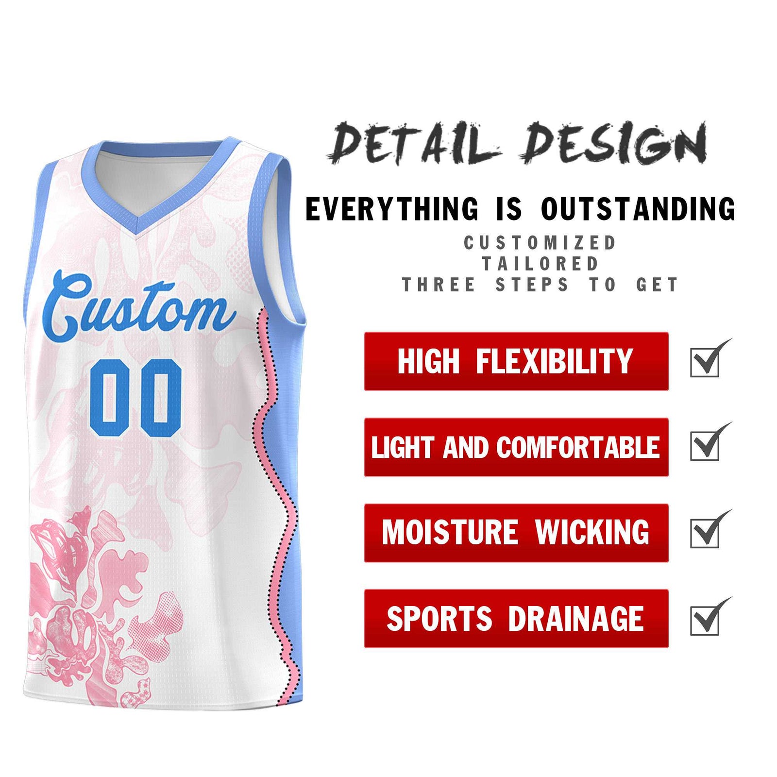 Custom White Light Blue Basketball Jersey - Illusion Flower Graffiti Durable Fabric