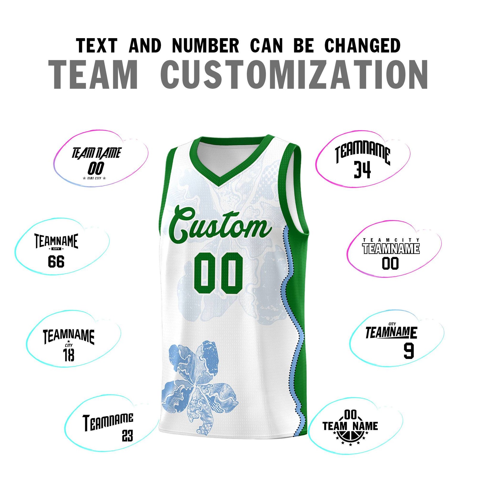 Custom White Kelly Green Basketball Jersey - Illusion Flower Graffiti Moisture wicking Fabric