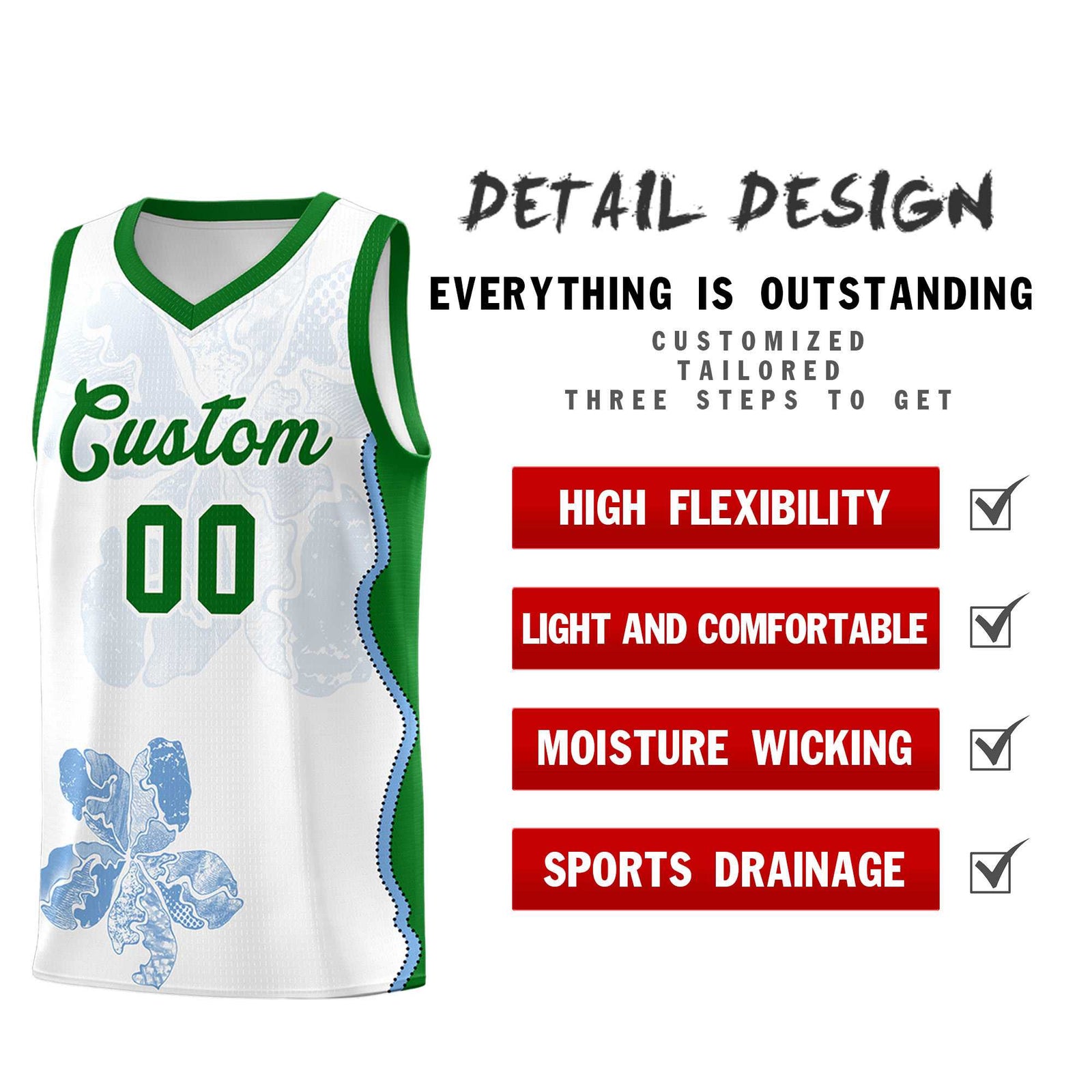 Custom White Kelly Green Basketball Jersey - Illusion Flower Graffiti Moisture wicking Fabric