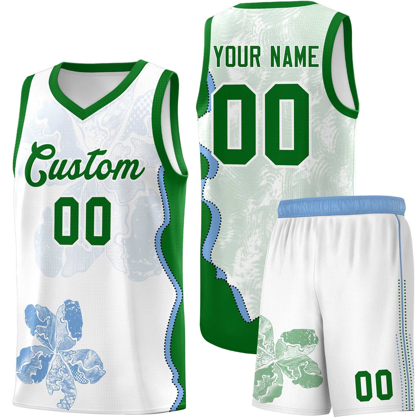 Custom White Kelly Green Basketball Jersey - Illusion Flower Graffiti Moisture wicking Fabric