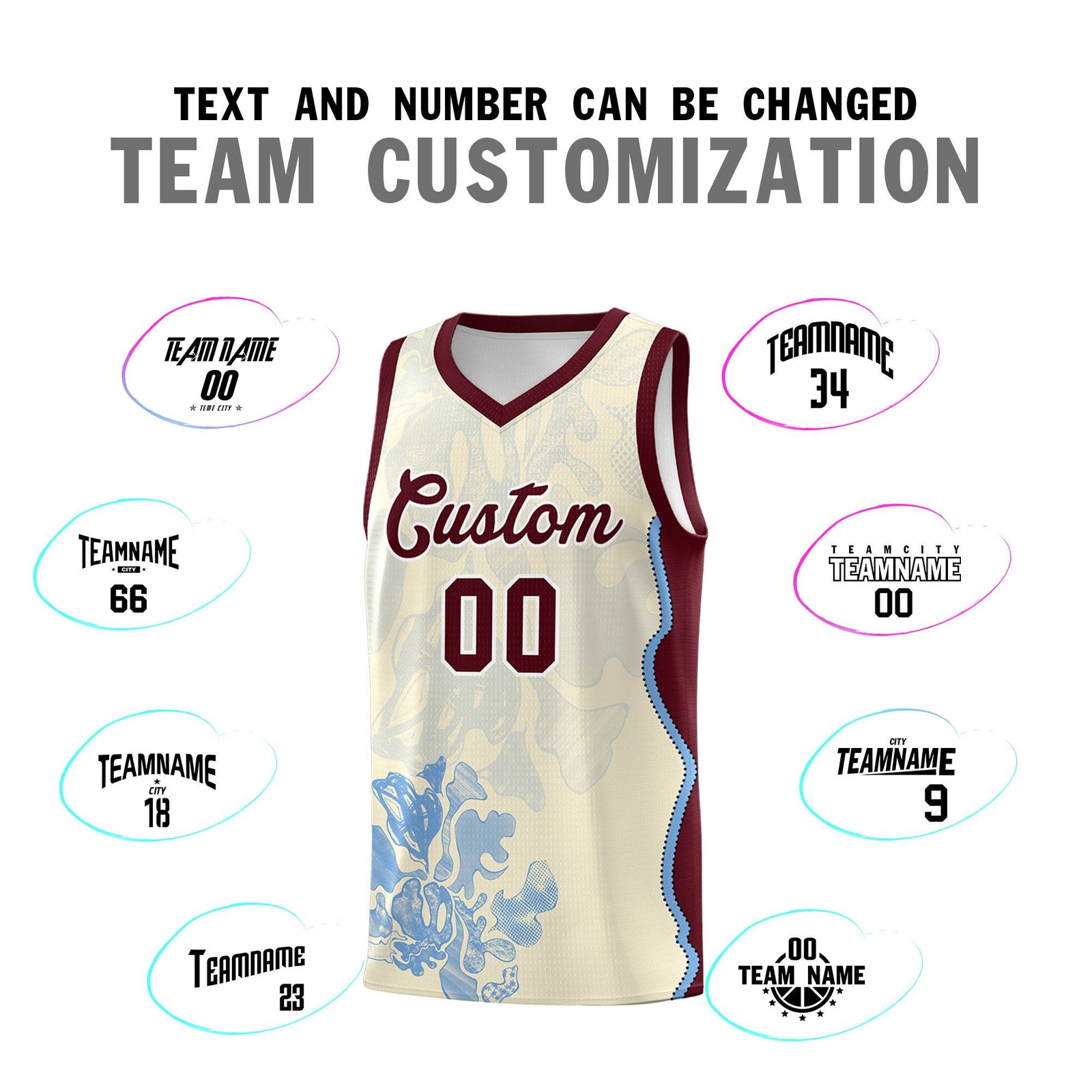 Custom Cream Burgundy Basketball Jersey - Illusion Flower Graffiti Lightweight Fabric