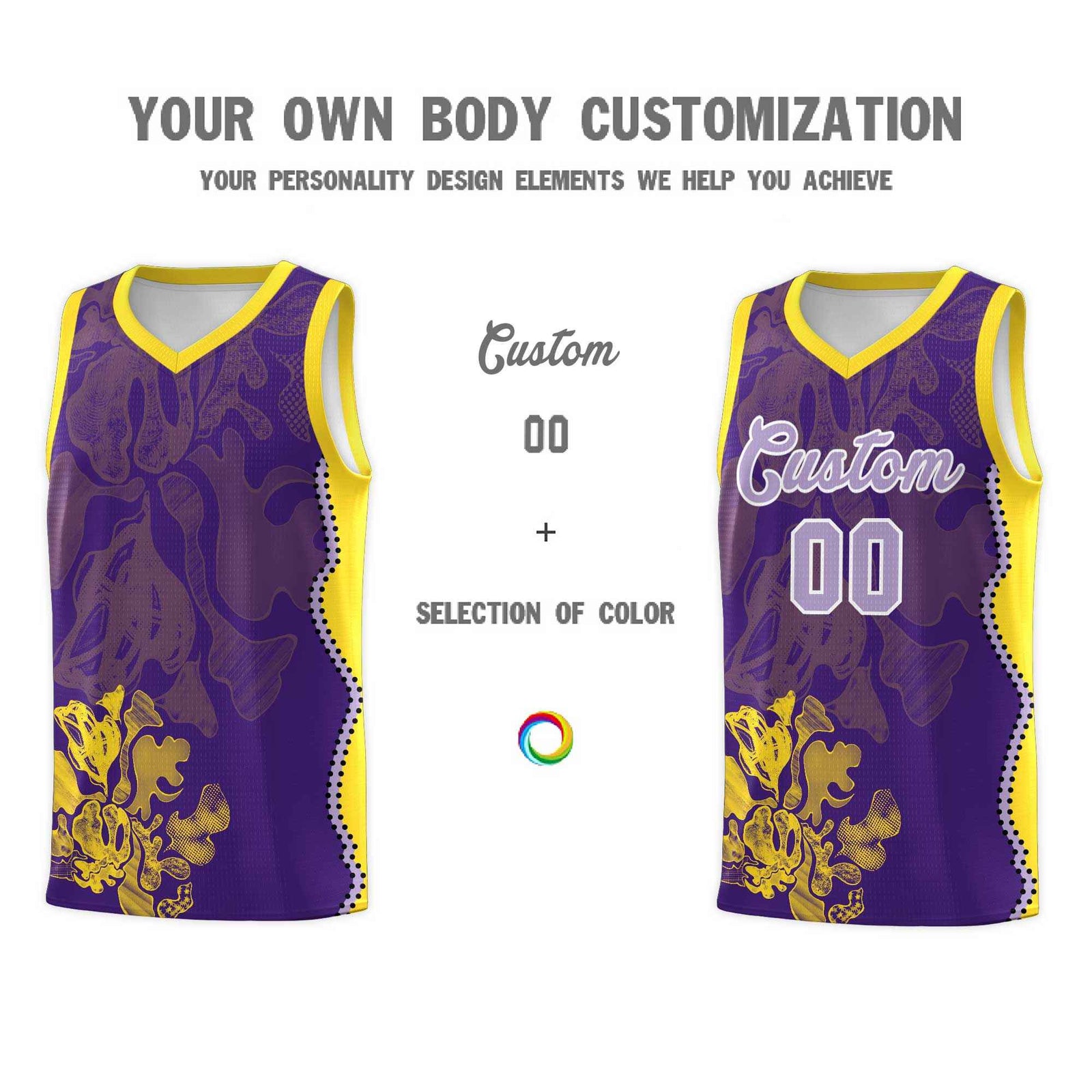 Custom Purple Gold Basketball Jersey - Illusion Flower Graffiti Breathable mesh Fabric
