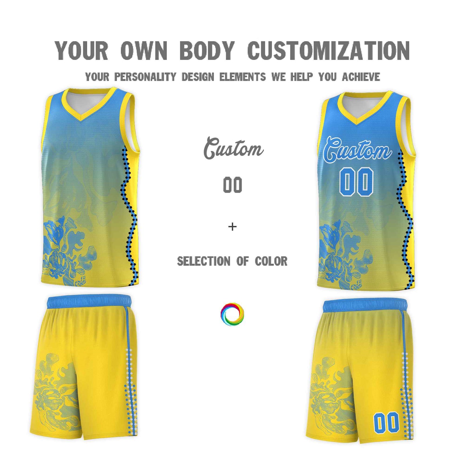 Custom Gold Light Blue Basketball Jersey - Illusion Flower Gradient Breathable Fabric