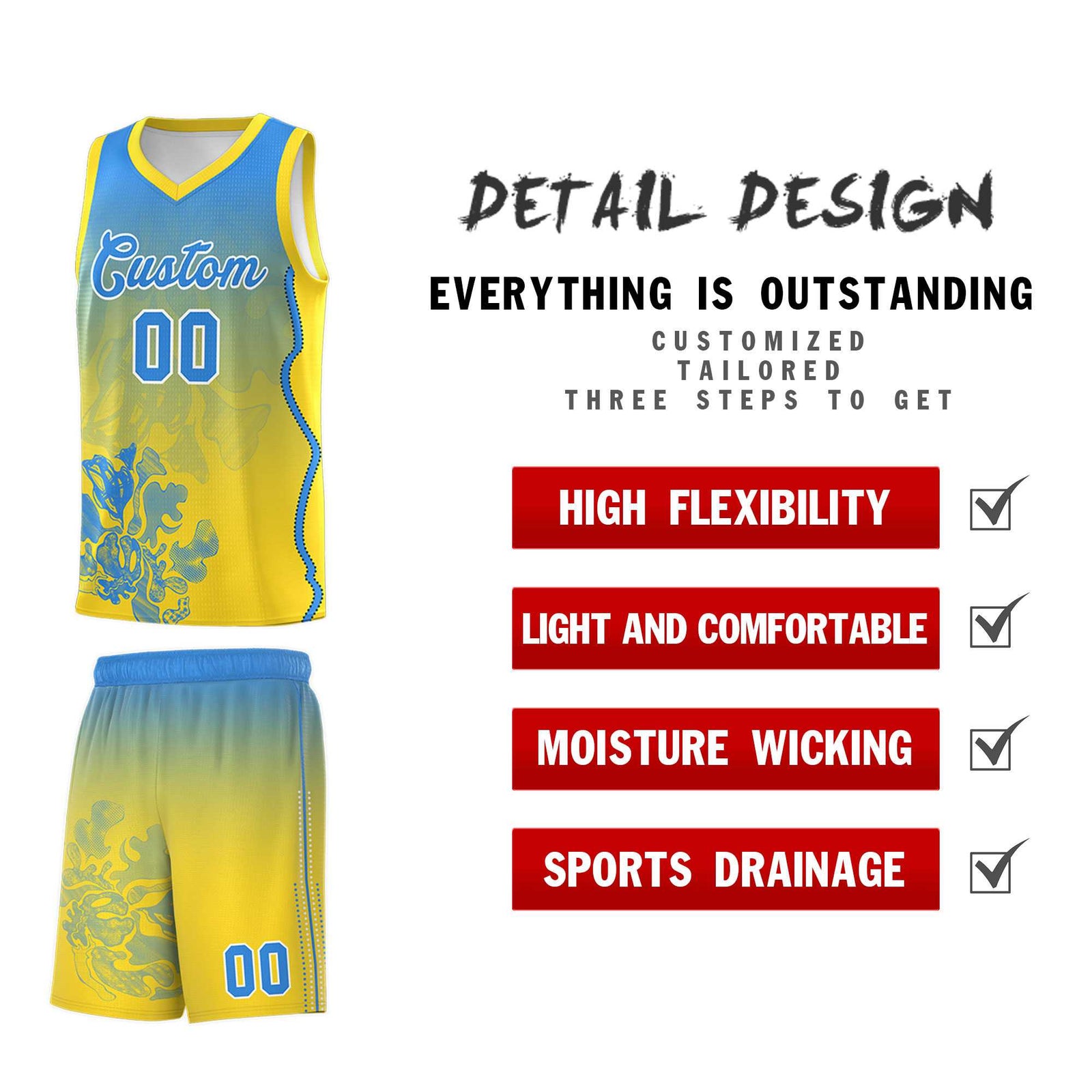 Custom Gold Light Blue Basketball Jersey - Illusion Flower Gradient Breathable Fabric