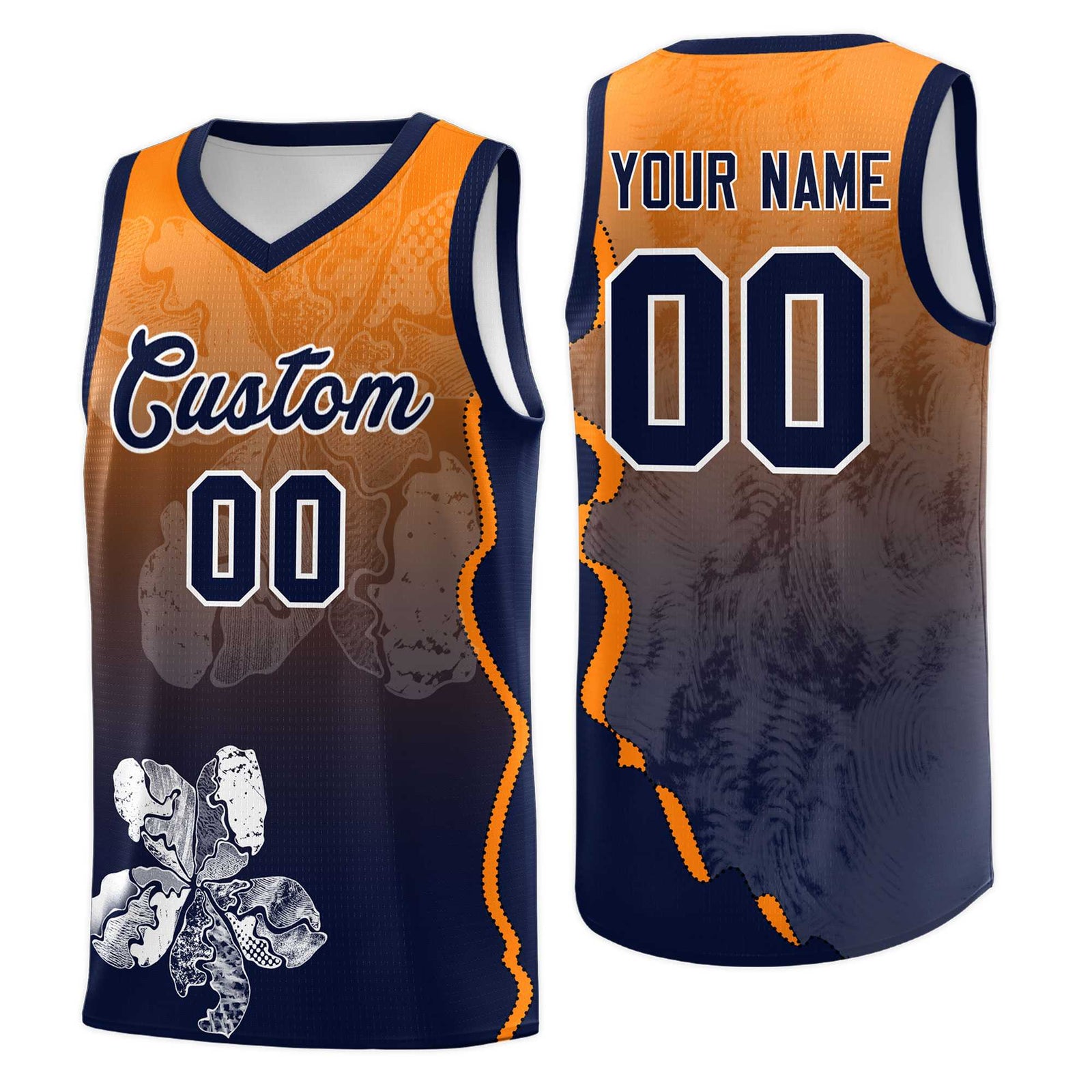 Custom Navy Orange Basketball Jersey - Illusion Flower Gradient Lightweight Fabric