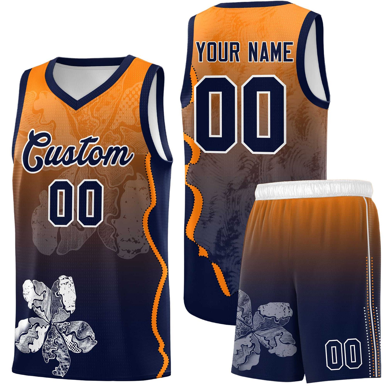 Custom Navy Orange Basketball Jersey - Illusion Flower Gradient Lightweight Fabric