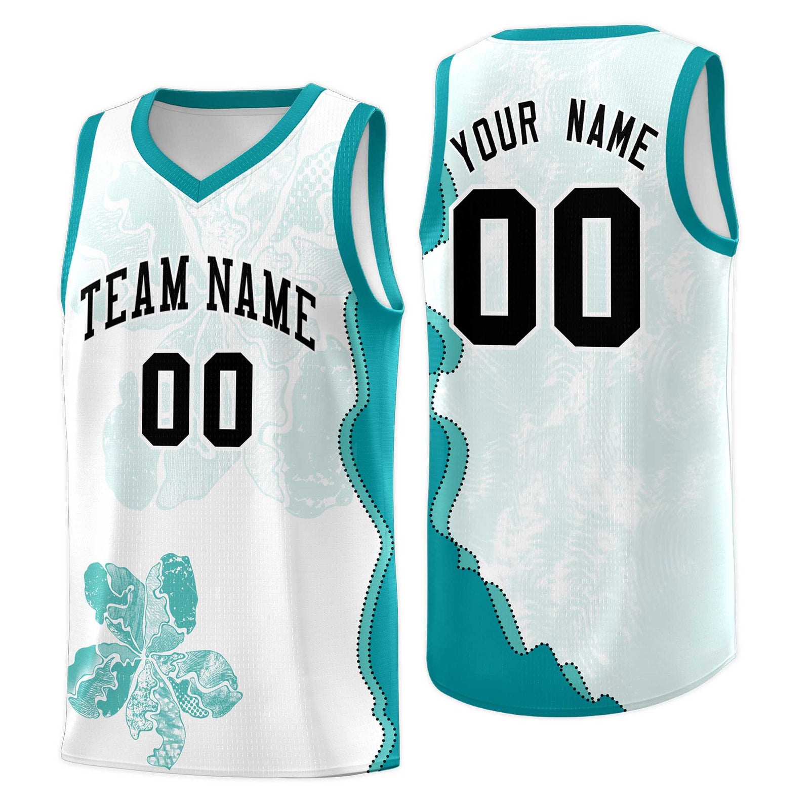 Custom White Teal Basketball Jersey - Illusion Flower Graffiti Lightweight Fabric