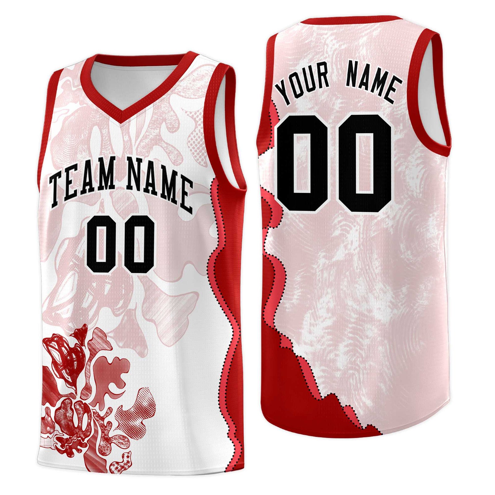 Custom White Red Basketball Jersey - Illusion Flower Graffiti Stretchy Fabric