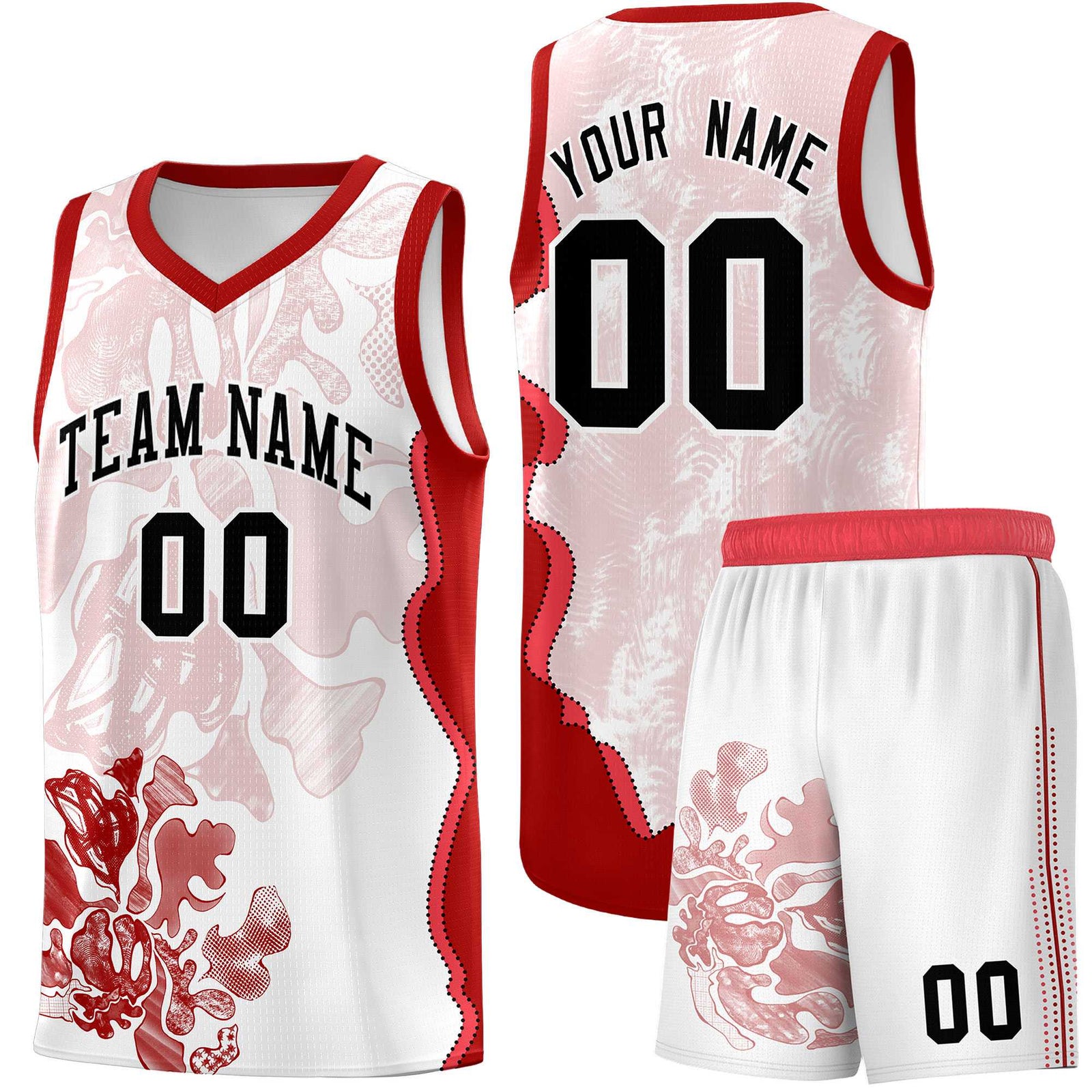 Custom White Red Basketball Jersey - Illusion Flower Graffiti Stretchy Fabric