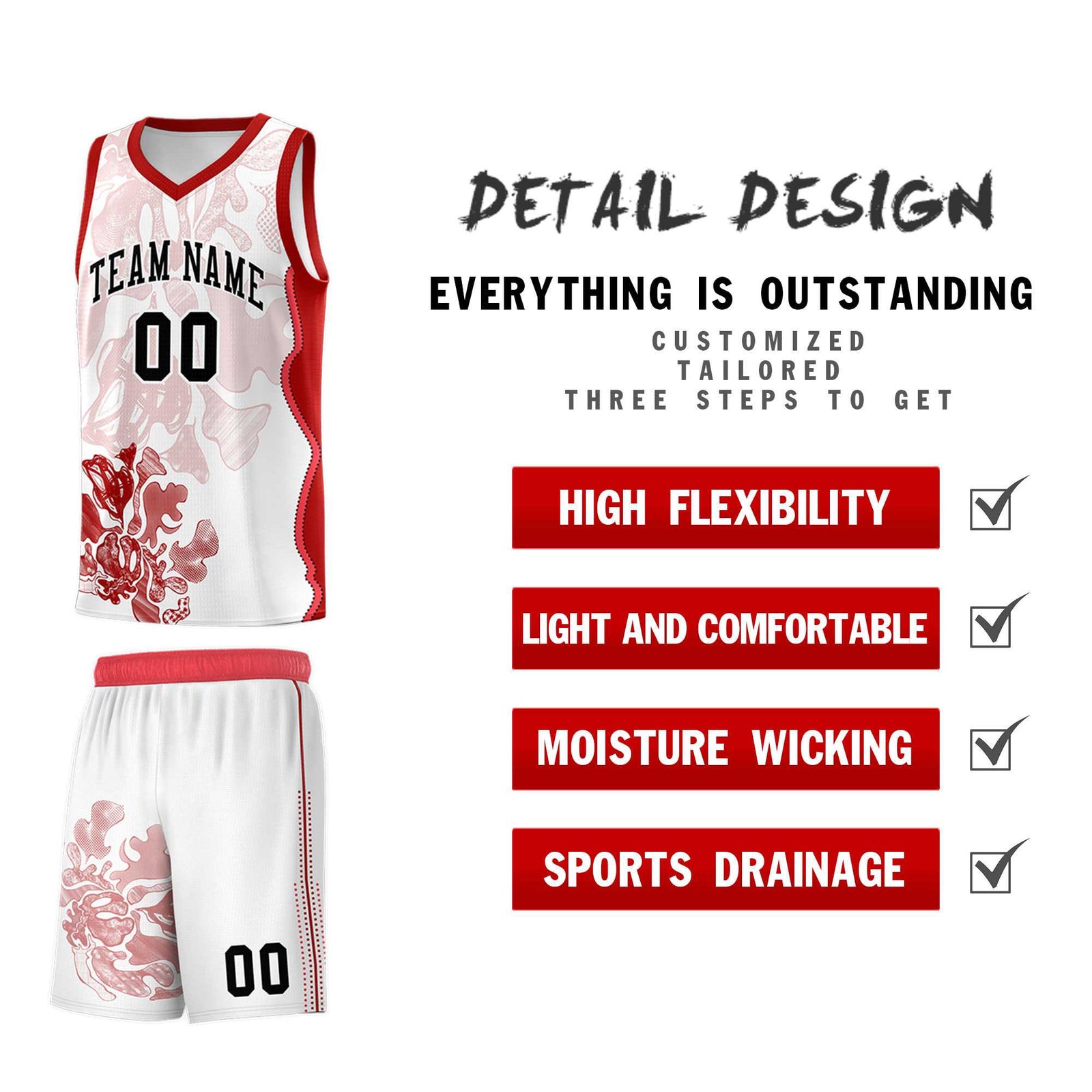 Custom White Red Basketball Jersey - Illusion Flower Graffiti Stretchy Fabric
