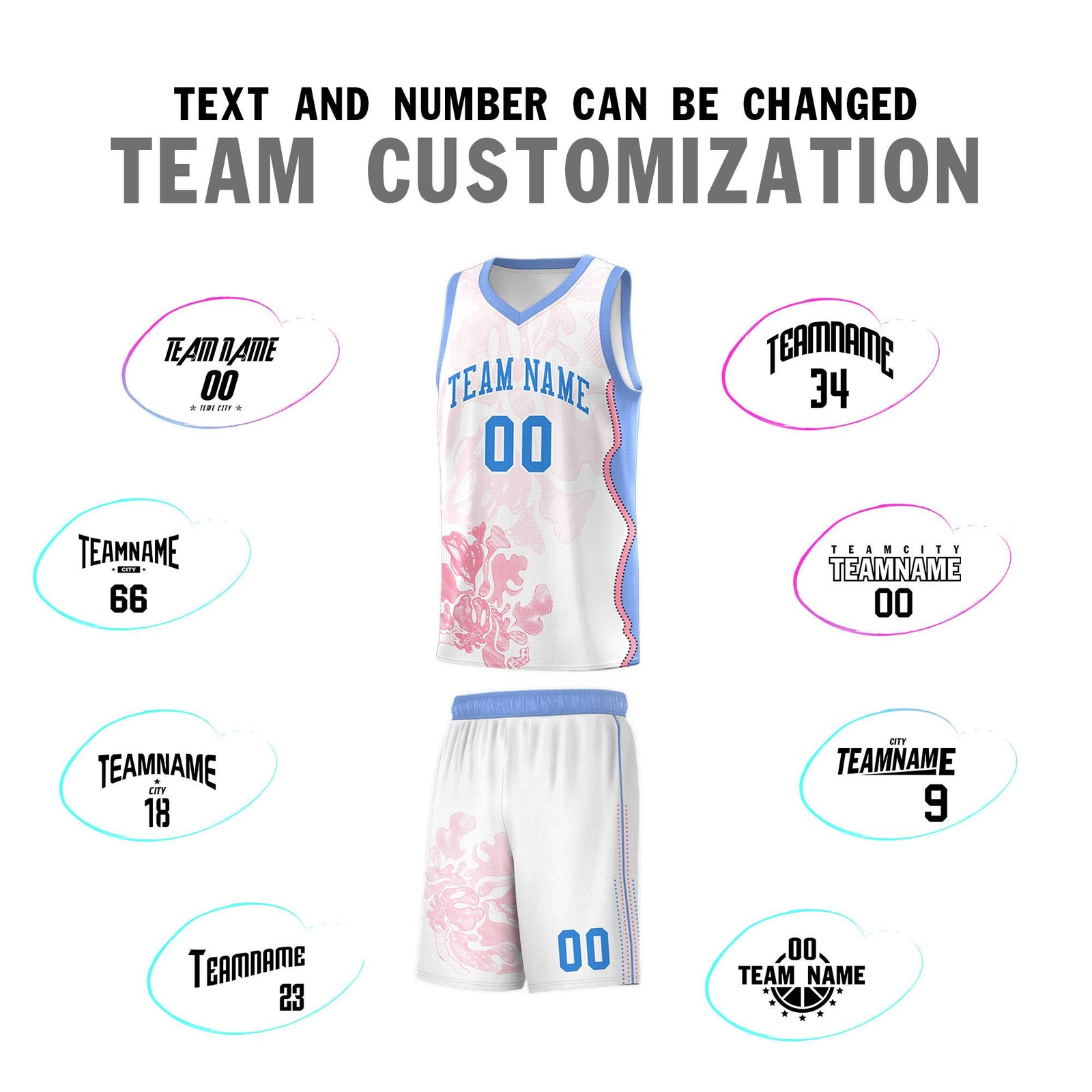 Custom White Light Blue Basketball Jersey - Illusion Flower Graffiti Durable Fabric