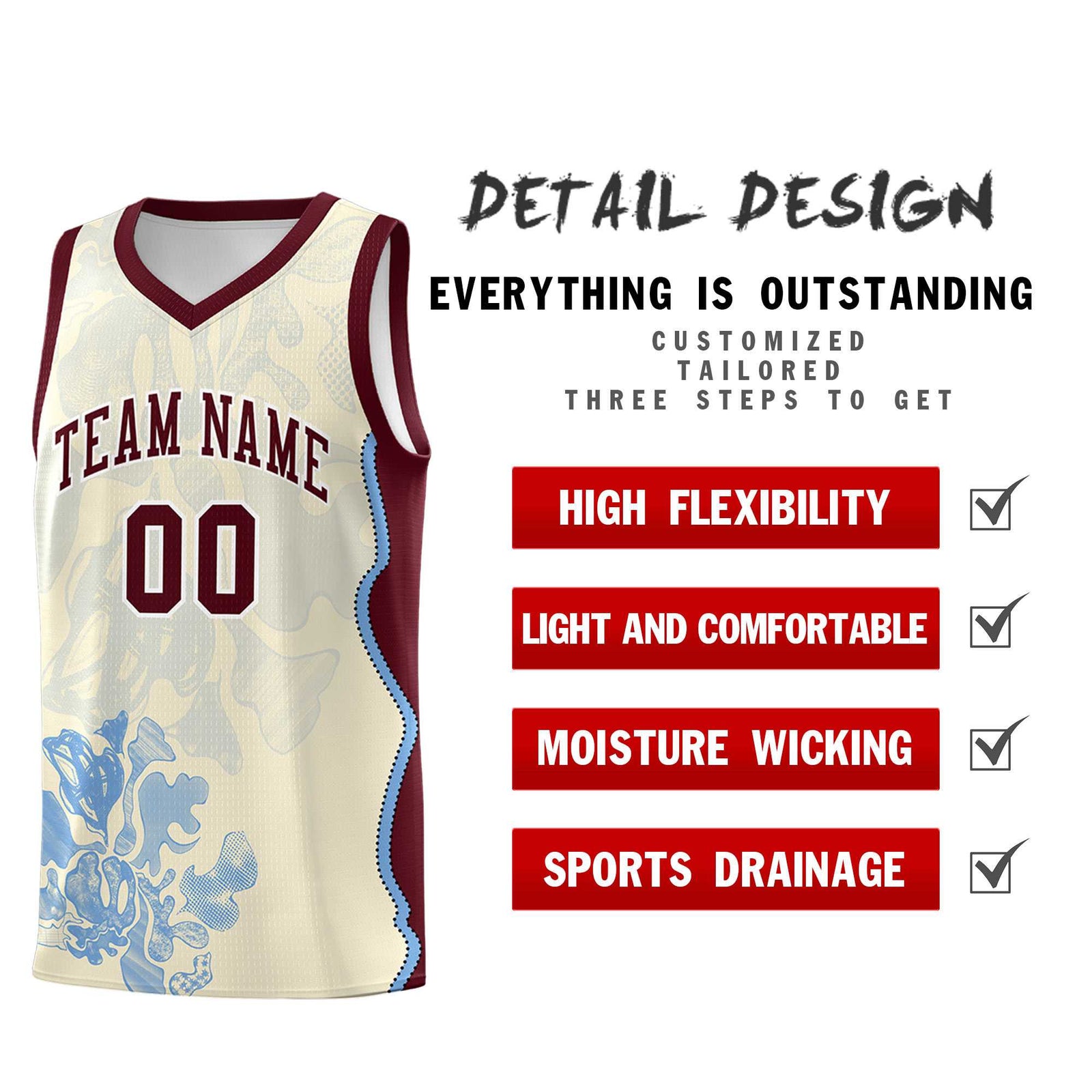 Custom Cream Burgundy Basketball Jersey - Illusion Flower Graffiti Lightweight Fabric