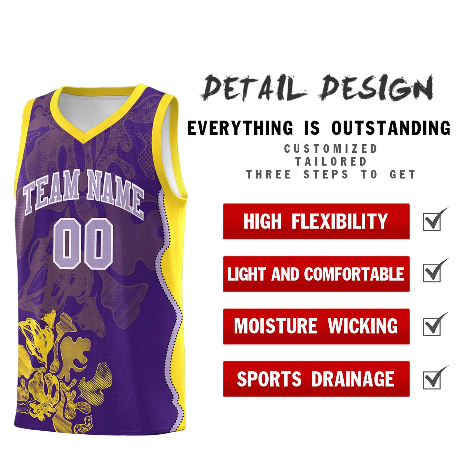 Custom Purple Gold Basketball Jersey - Illusion Flower Graffiti Breathable mesh Fabric