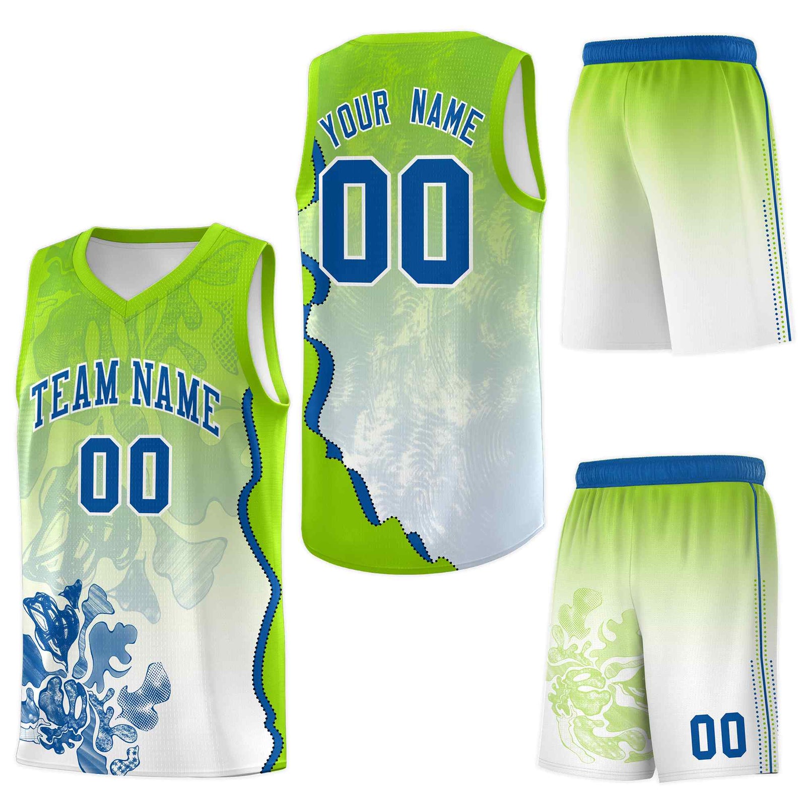 Custom Neon Green Royal Basketball Jersey - Illusion Flower Gradient Drapable