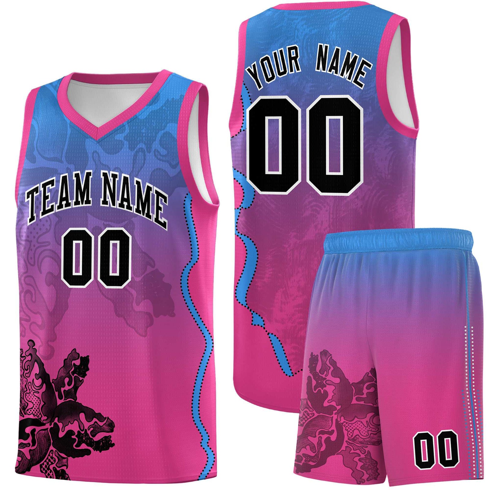 Custom Pink Light Blue Basketball Jersey - Illusion Flower Gradient Breathable mesh Fabric