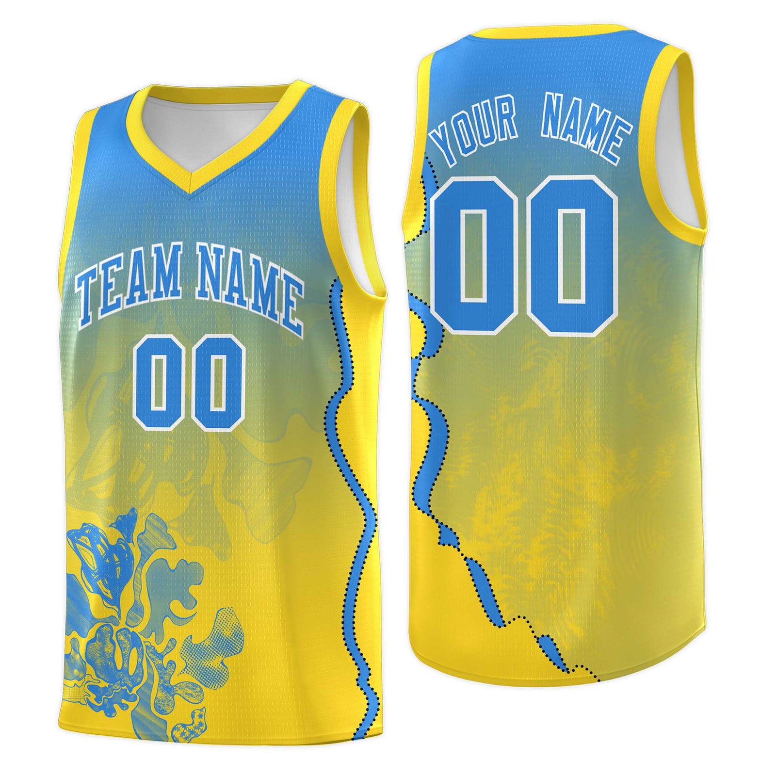 Custom Gold Light Blue Basketball Jersey - Illusion Flower Gradient Breathable Fabric