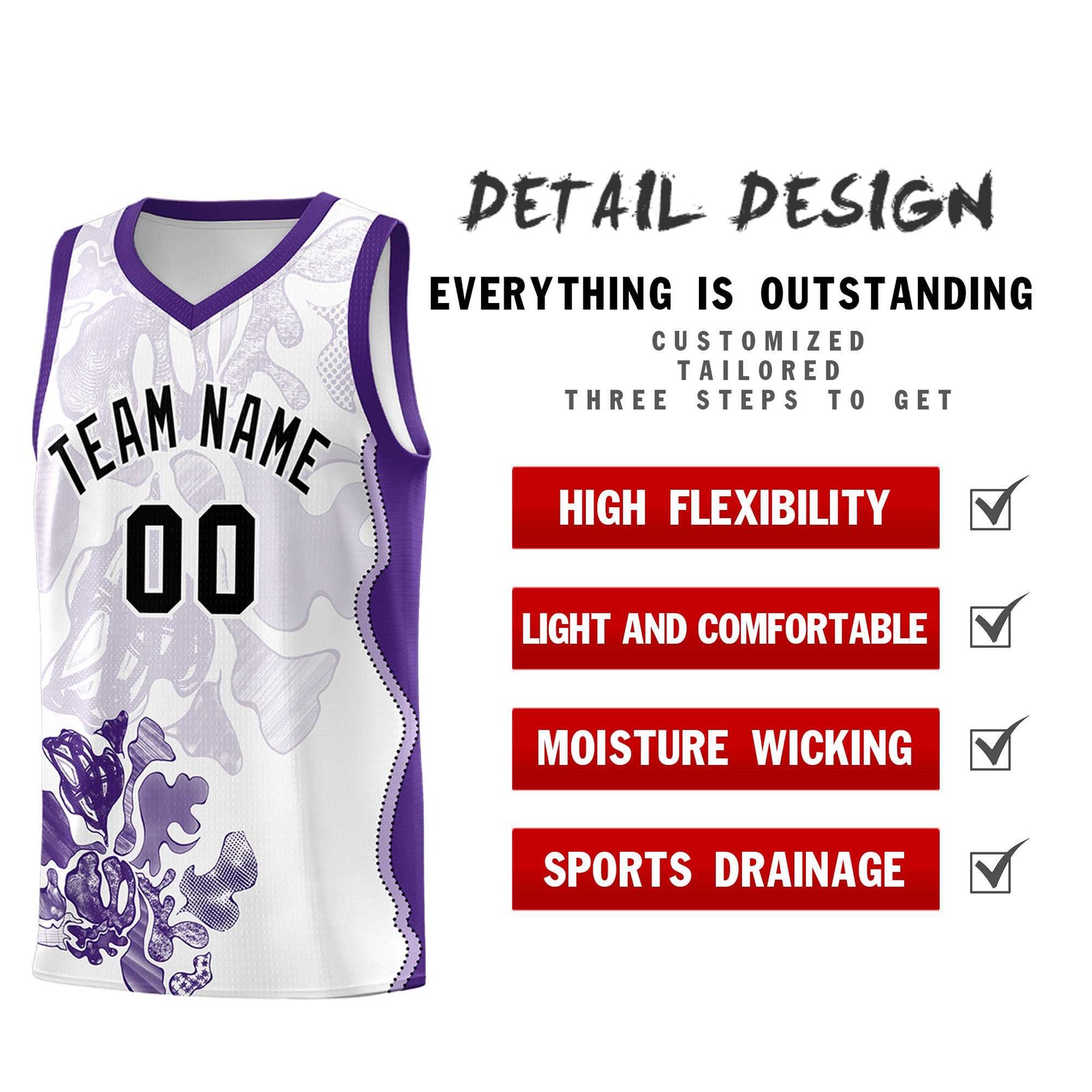 Custom White Purple Basketball Jersey - Illusion Flower Graffiti Moisture-wicking Fabric