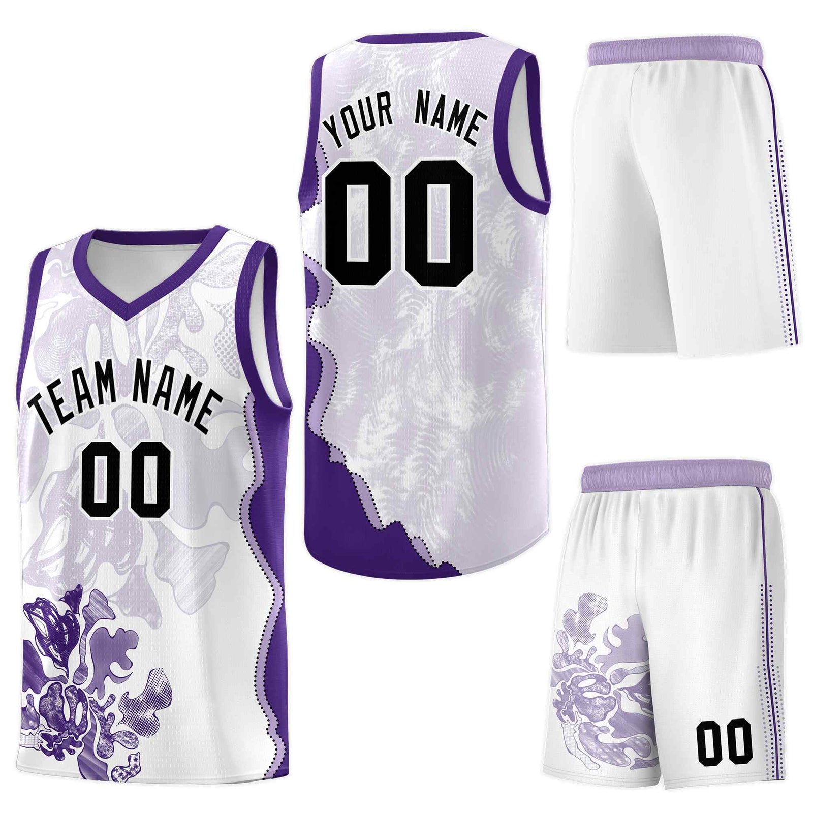 Custom White Purple Basketball Jersey - Illusion Flower Graffiti Stretch Fabric