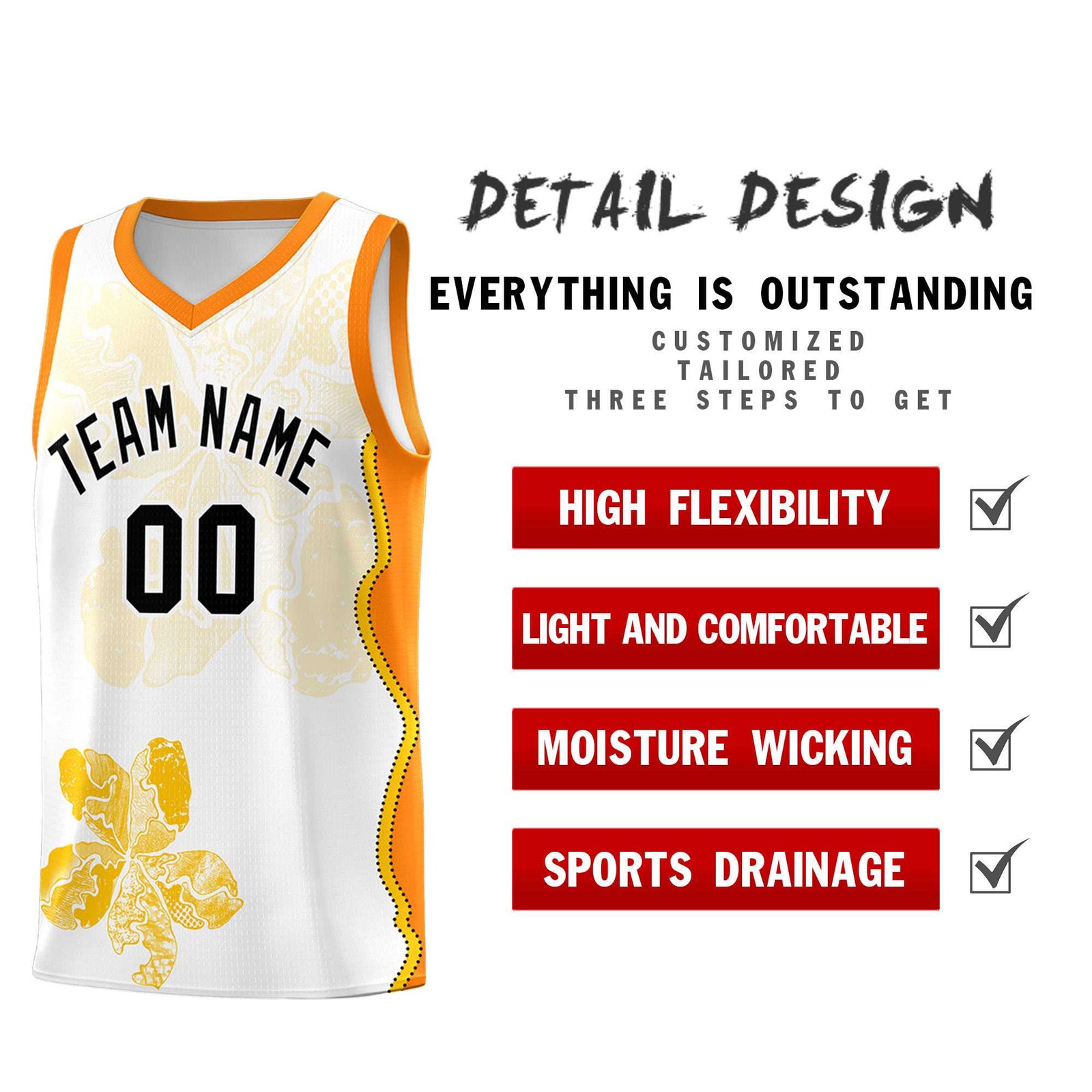 Custom White Orange Basketball Jersey - Illusion Flower Graffiti Durable Fabric