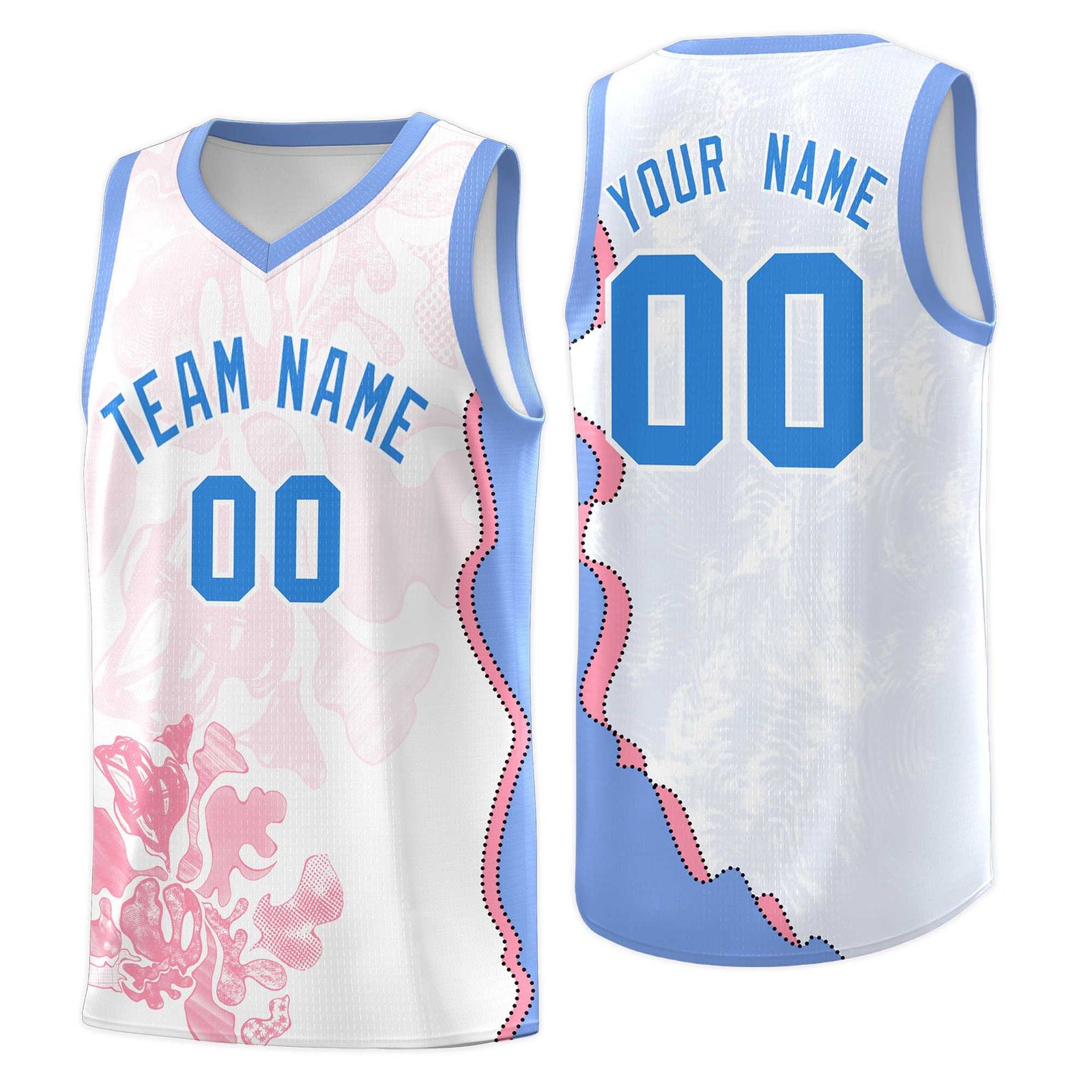 Custom White Light Blue Basketball Jersey - Illusion Flower Graffiti Durable Fabric