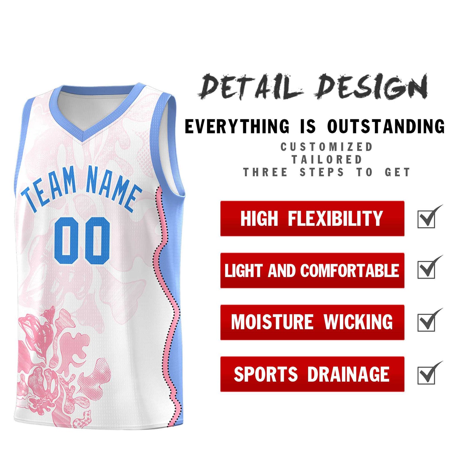 Custom White Light Blue Basketball Jersey - Illusion Flower Graffiti Durable Fabric