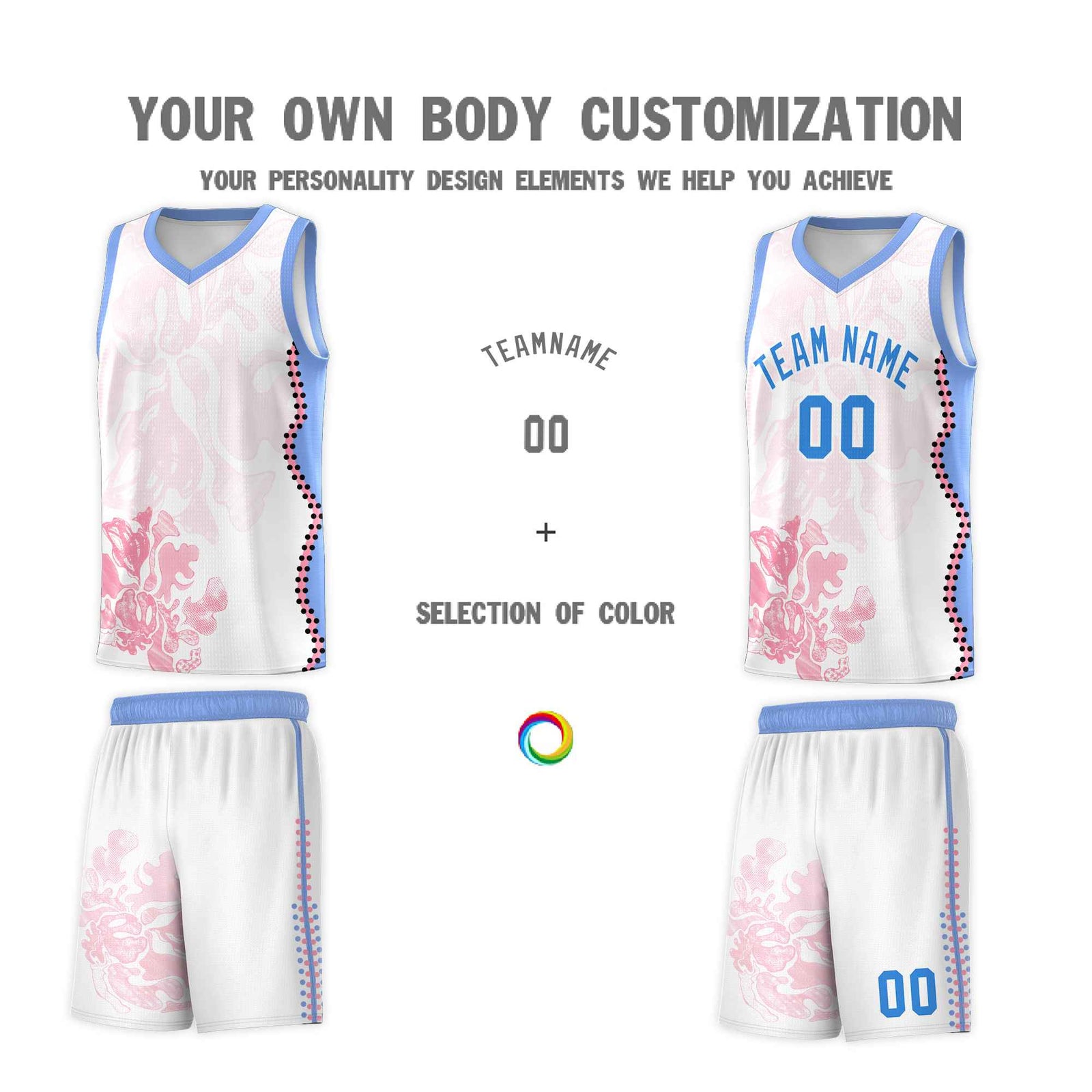 Custom White Light Blue Basketball Jersey - Illusion Flower Graffiti Durable Fabric